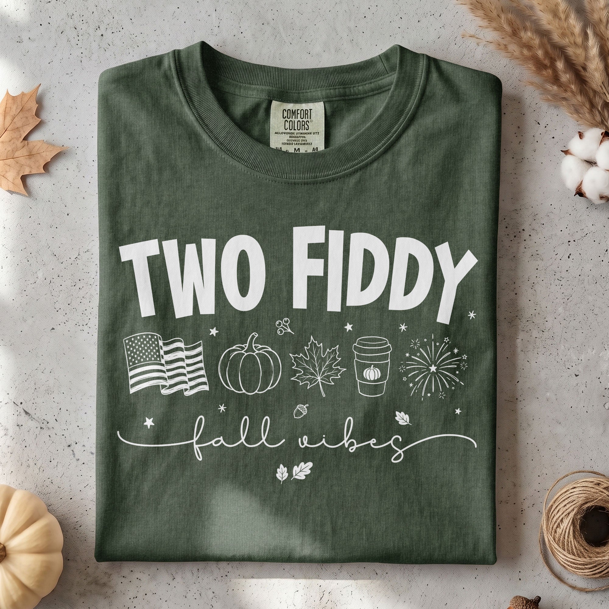 Two Fiddy Fall Shirt Pumpkin Spice Coffee US Flag Fireworks Autumn Graphic