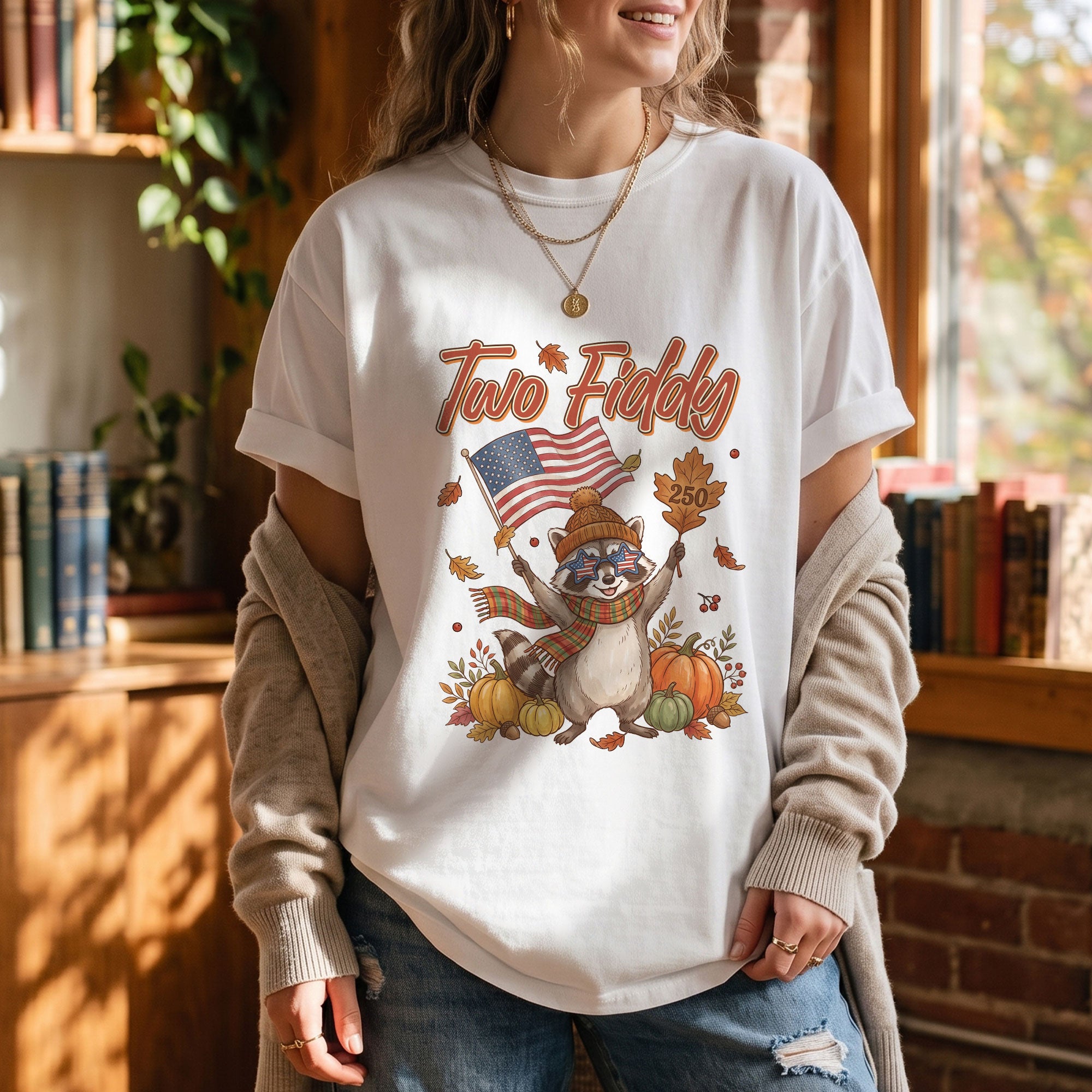 Two Fiddy Fall Vibes Shirt Cute Raccoon Pumpkin US Flag Autumn Graphic Tee
