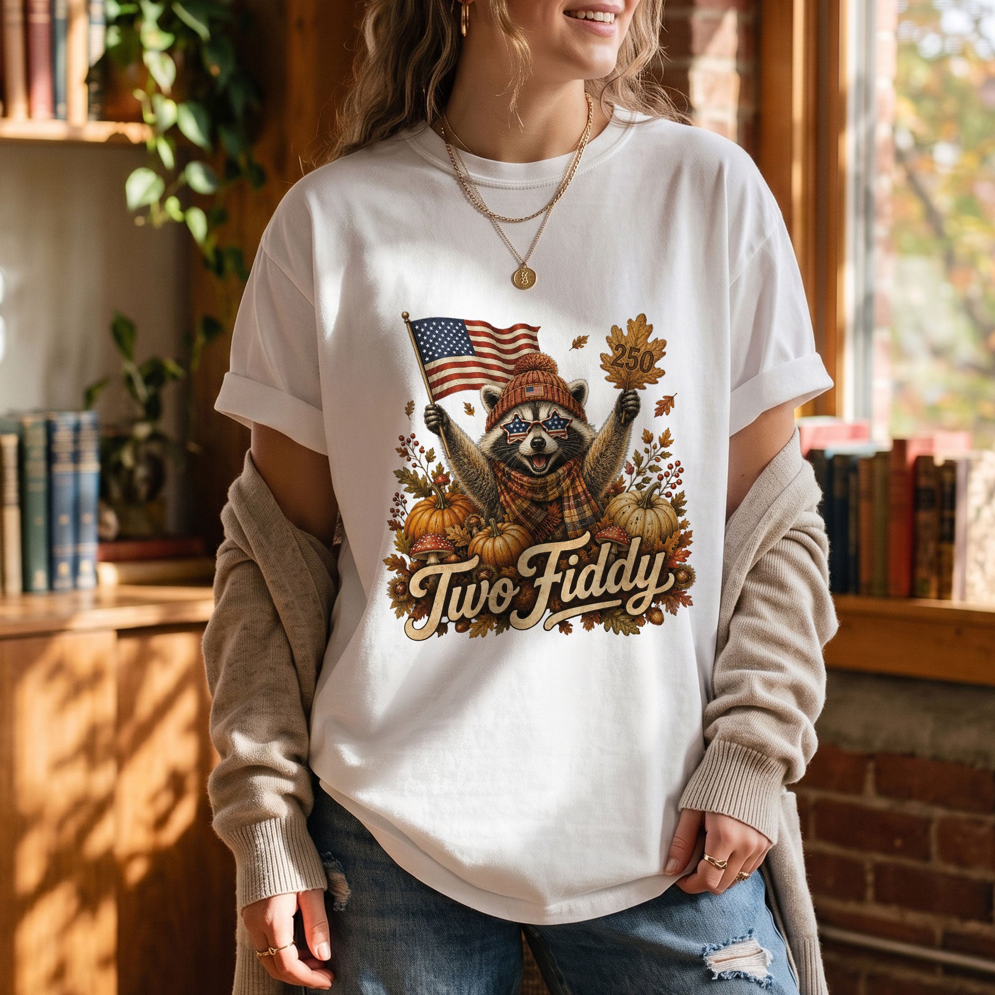 Patriotic Fall Shirt Two Fiddy Retro Raccoon Pumpkin US Flag Autumn Graphic Tee