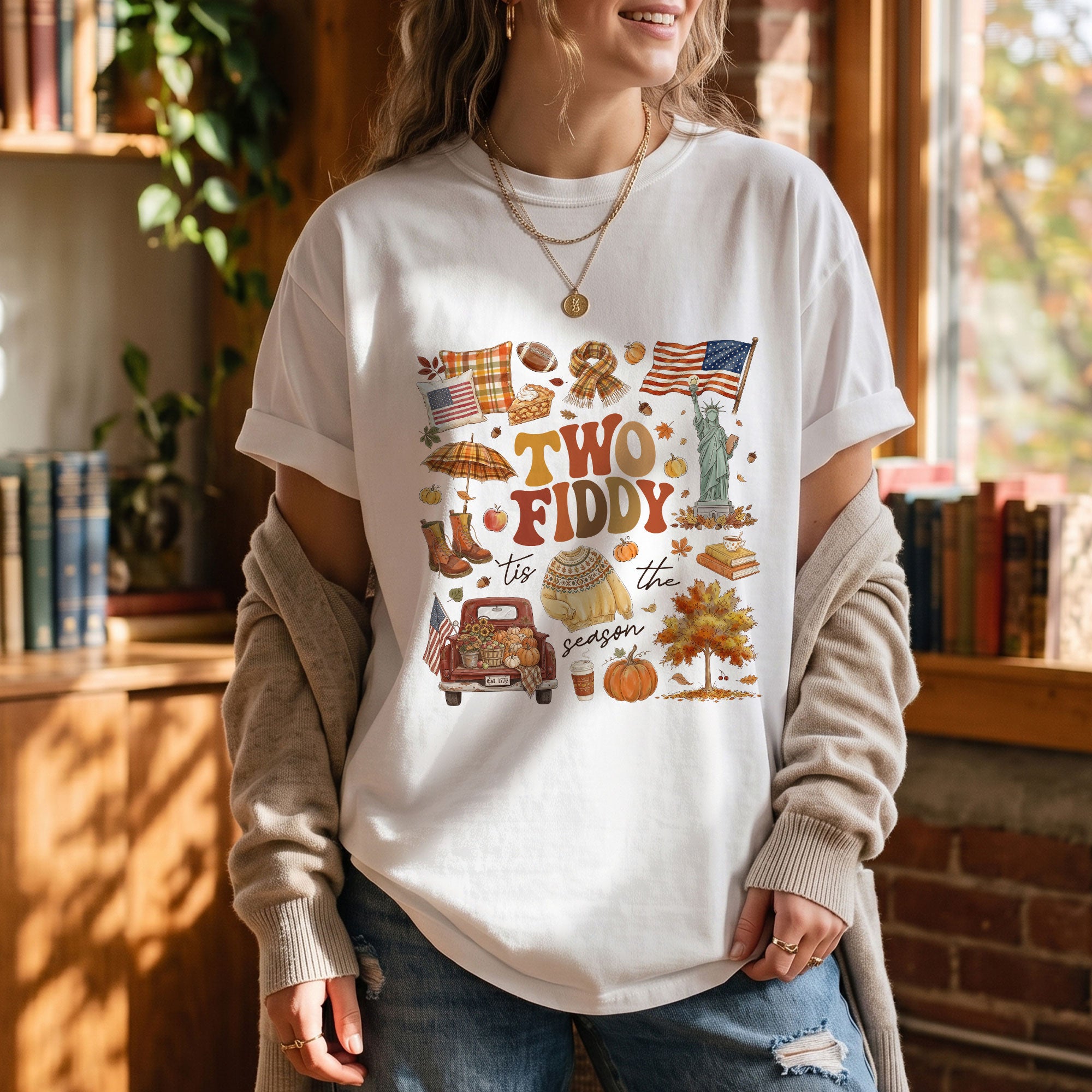Two Fiddy Tis The Season Shirt Fall Doodle Pumpkin Statue of Liberty US Flag Tee