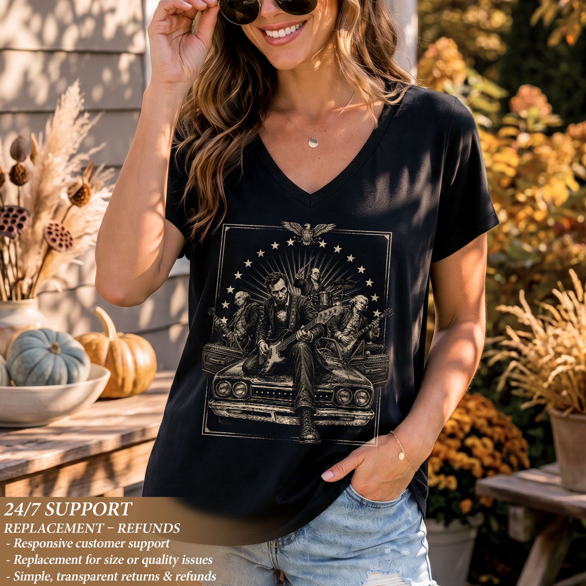 Lincoln Playing Guitar Vintage V-Neck Graphic T Shirt Patriotic Band Women's Top
