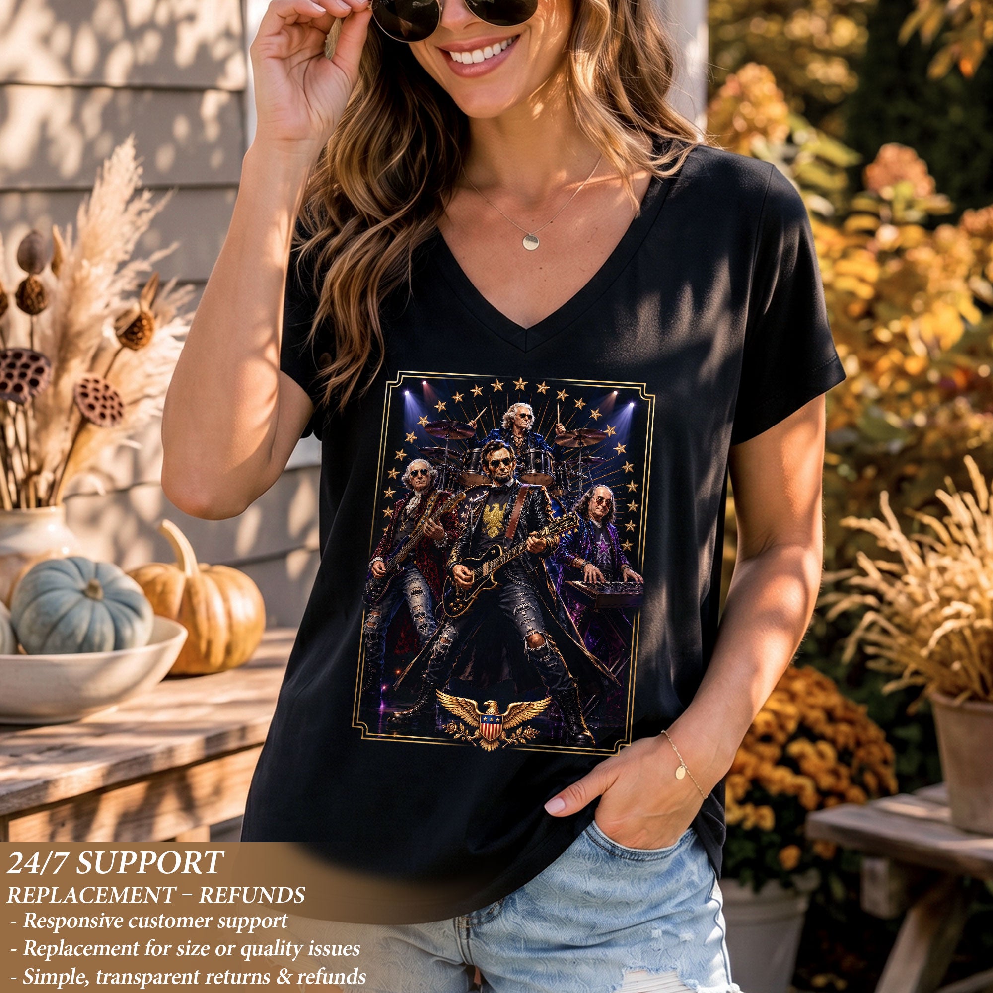 Presidential Rock Band V-Neck Graphic T Shirt Patriotic Vintage Women's Casual Top