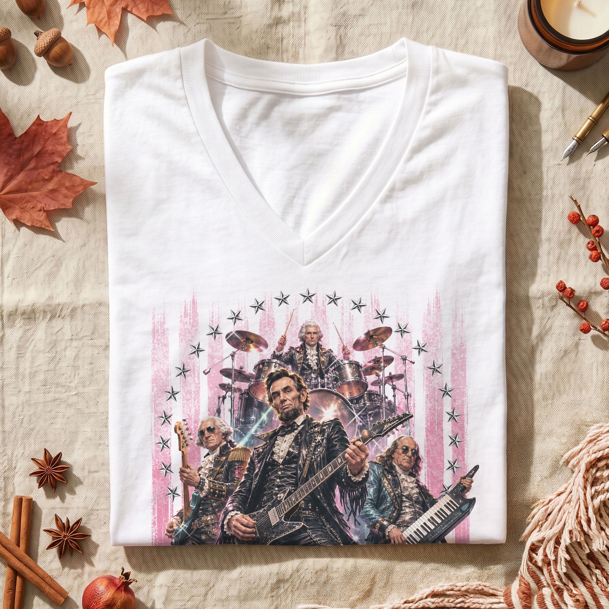 Vintage Presidential Band V-Neck Graphic Shirt Pink Patriotic Women's Apparel Top