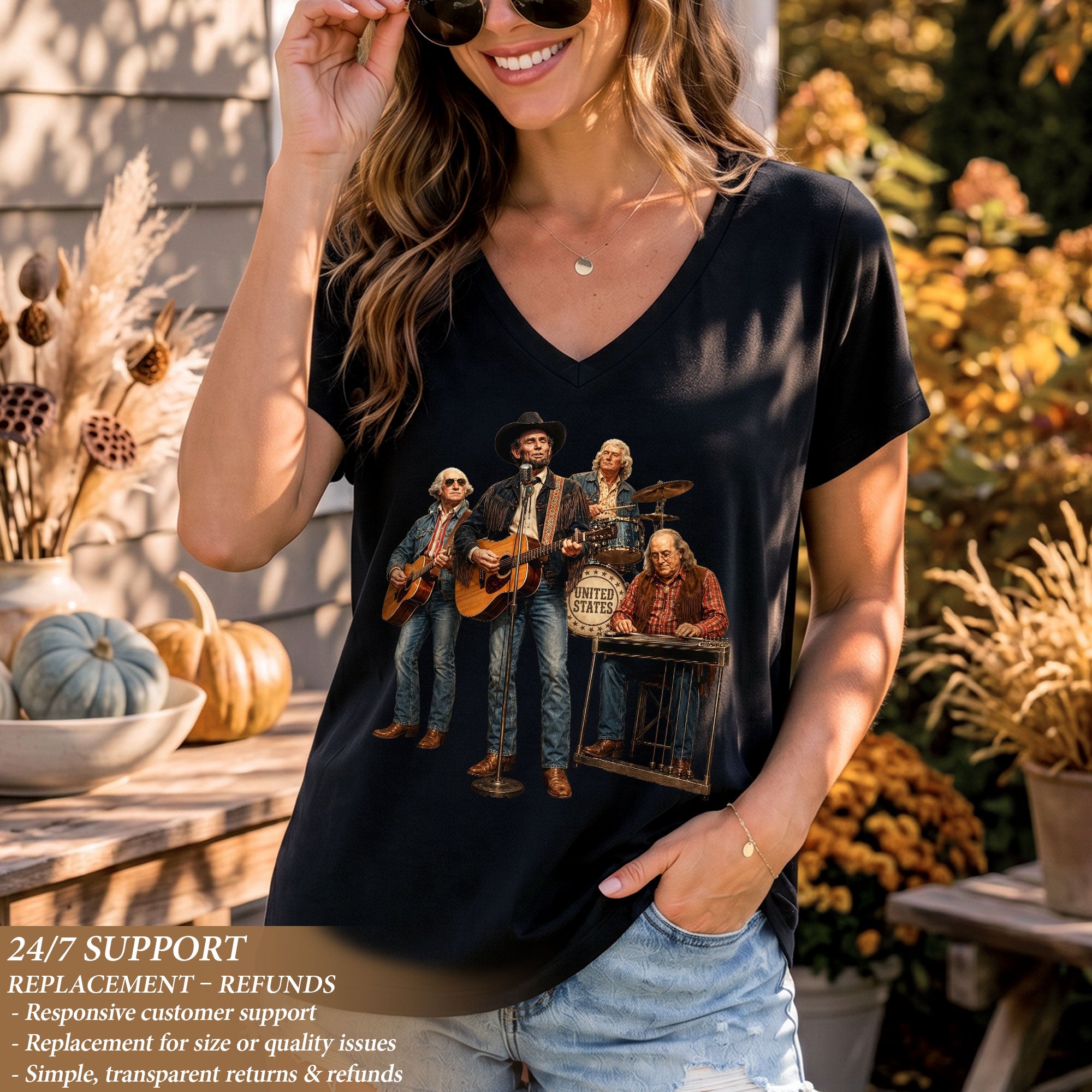Presidential Country Music Band V-Neck Graphic Shirt Patriotic Women's Apparel Top