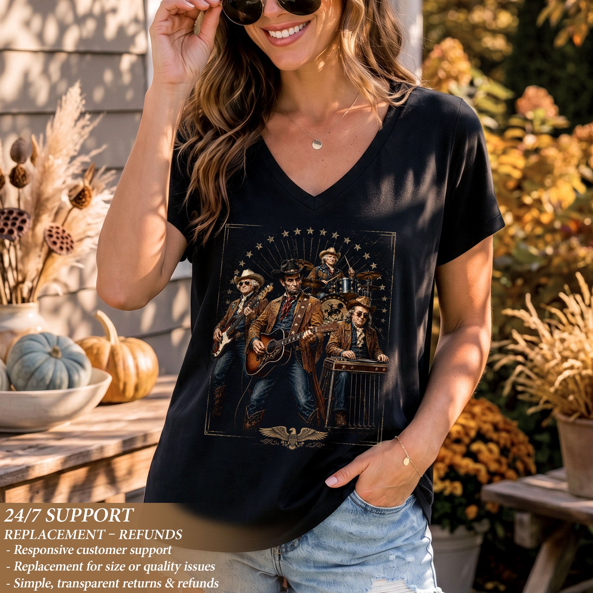 Vintage Historical Country Rockers V-Neck Tee Patriotic Style Women's Casual Shirt