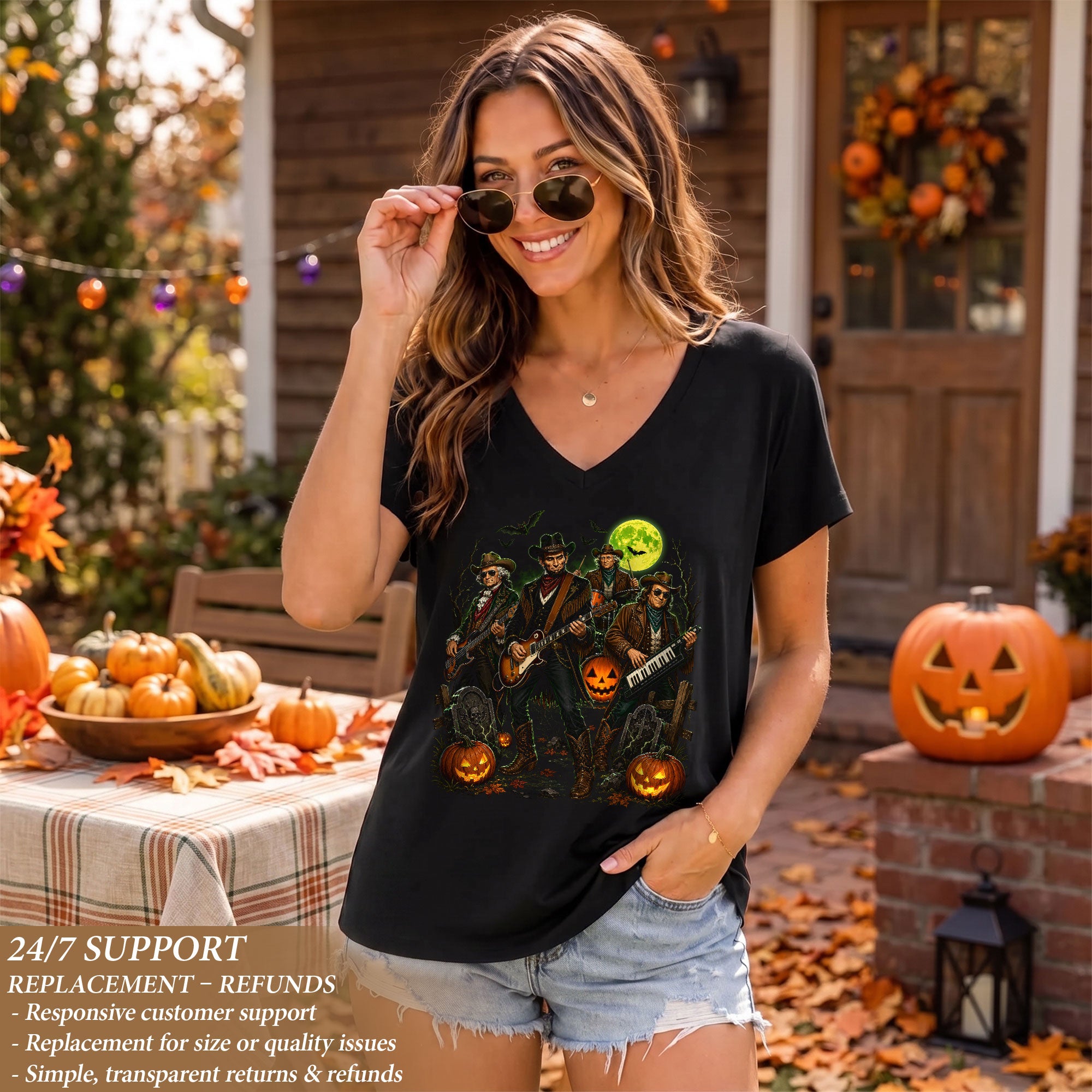 Halloween Lincoln Playing Guitar V-Neck Shirt Women Spooky Historical Rock Band Tee