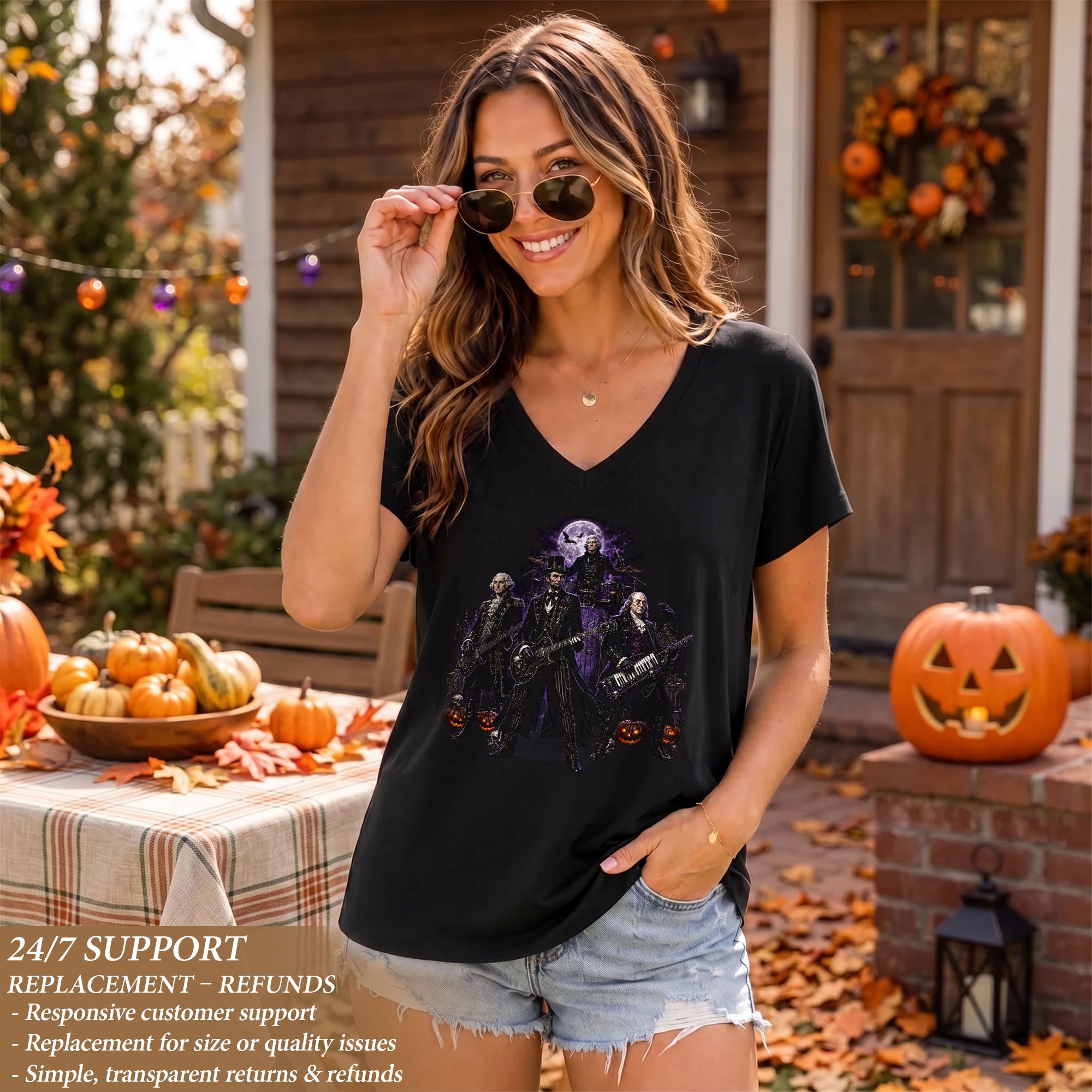 Founding Fathers Rock Band Halloween V-Neck Shirt Women Lincoln Playing Guitar Tee