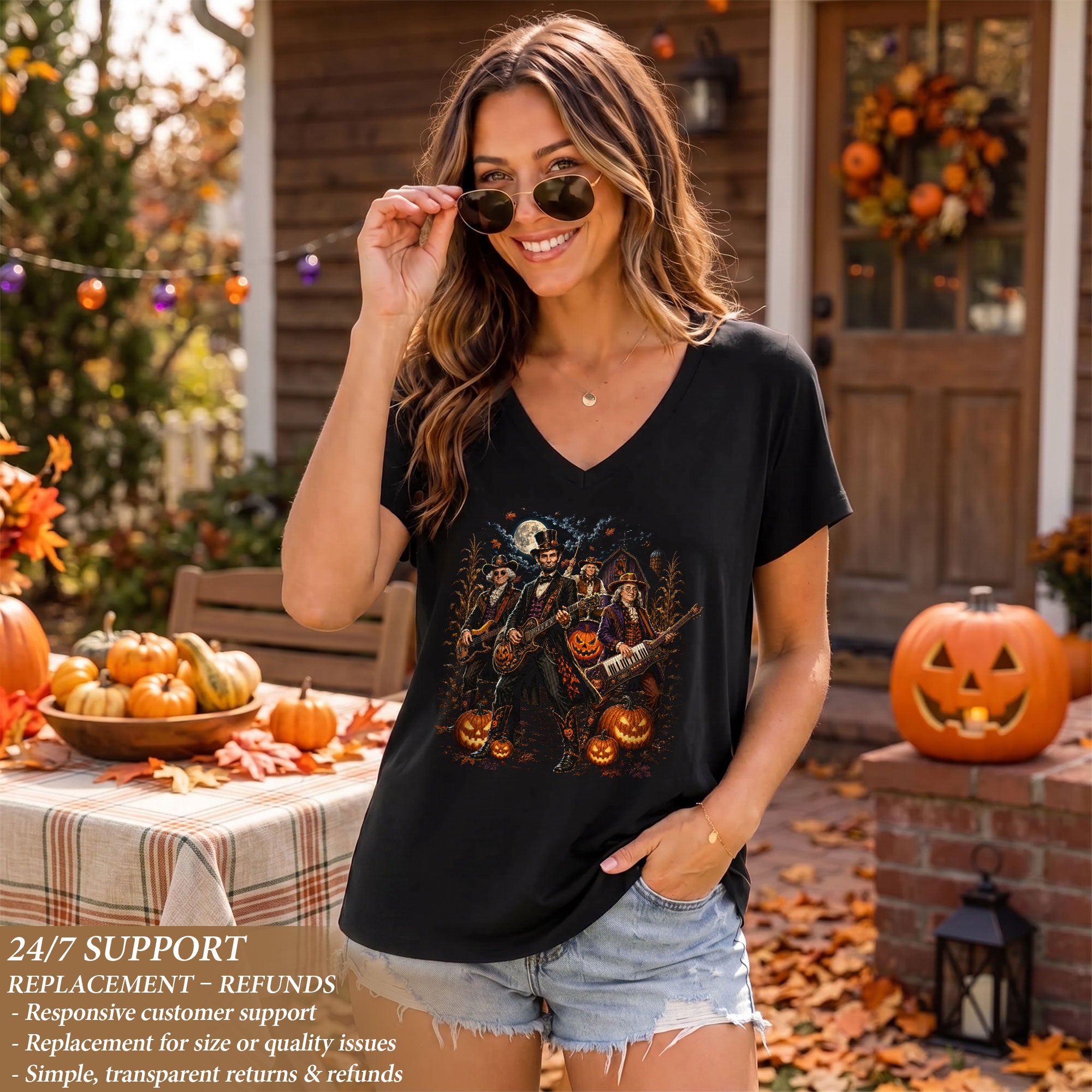 Lincoln Playing Guitar Halloween V-Neck Shirt Women Spooky Presidents Cornfield Tee