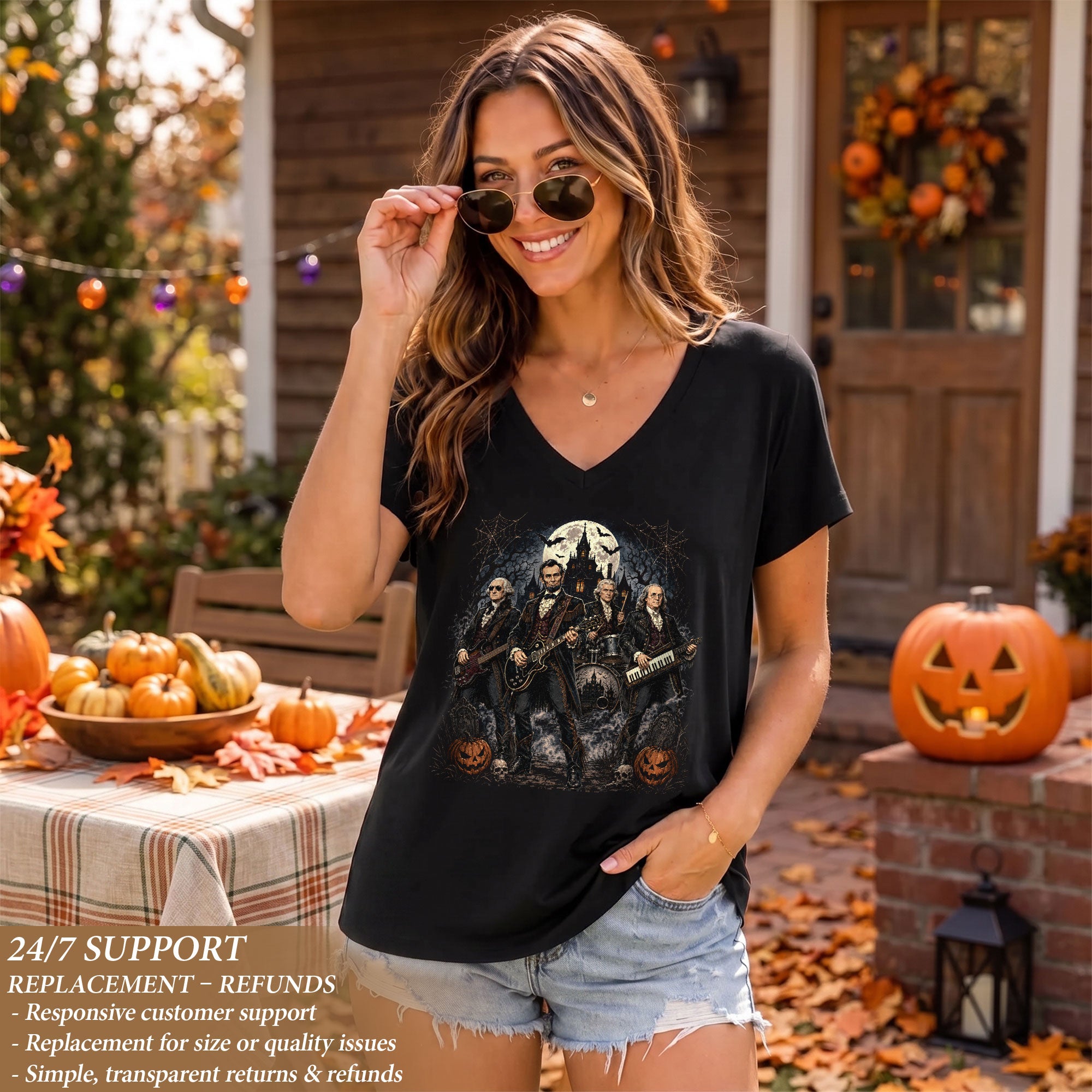 Lincoln Playing Guitar Halloween V-Neck Shirt Women Spooky Haunted Castle Band Tee