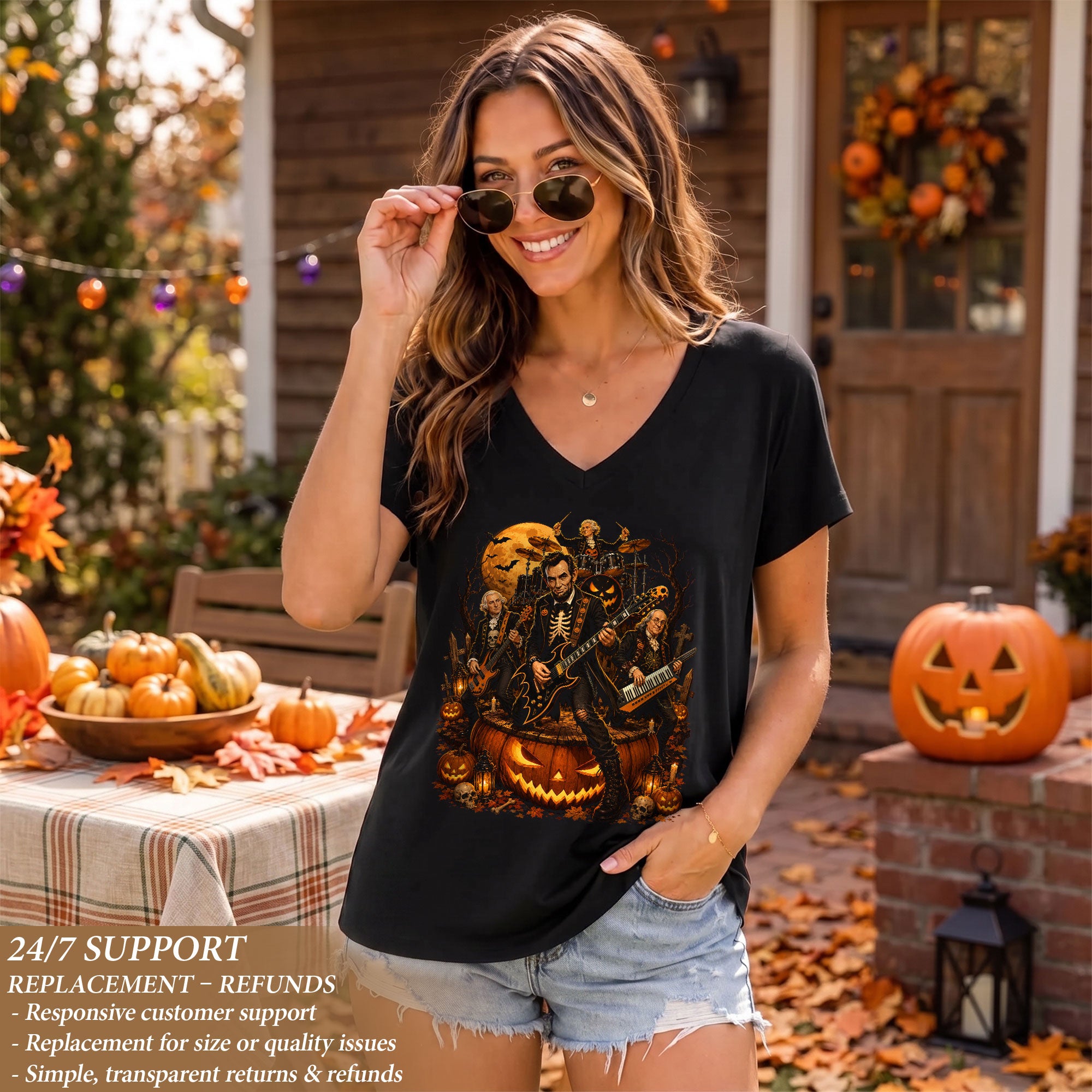 Lincoln Skeleton Guitar Halloween V-Neck Shirt Women Spooky Giant Pumpkin Band Tee