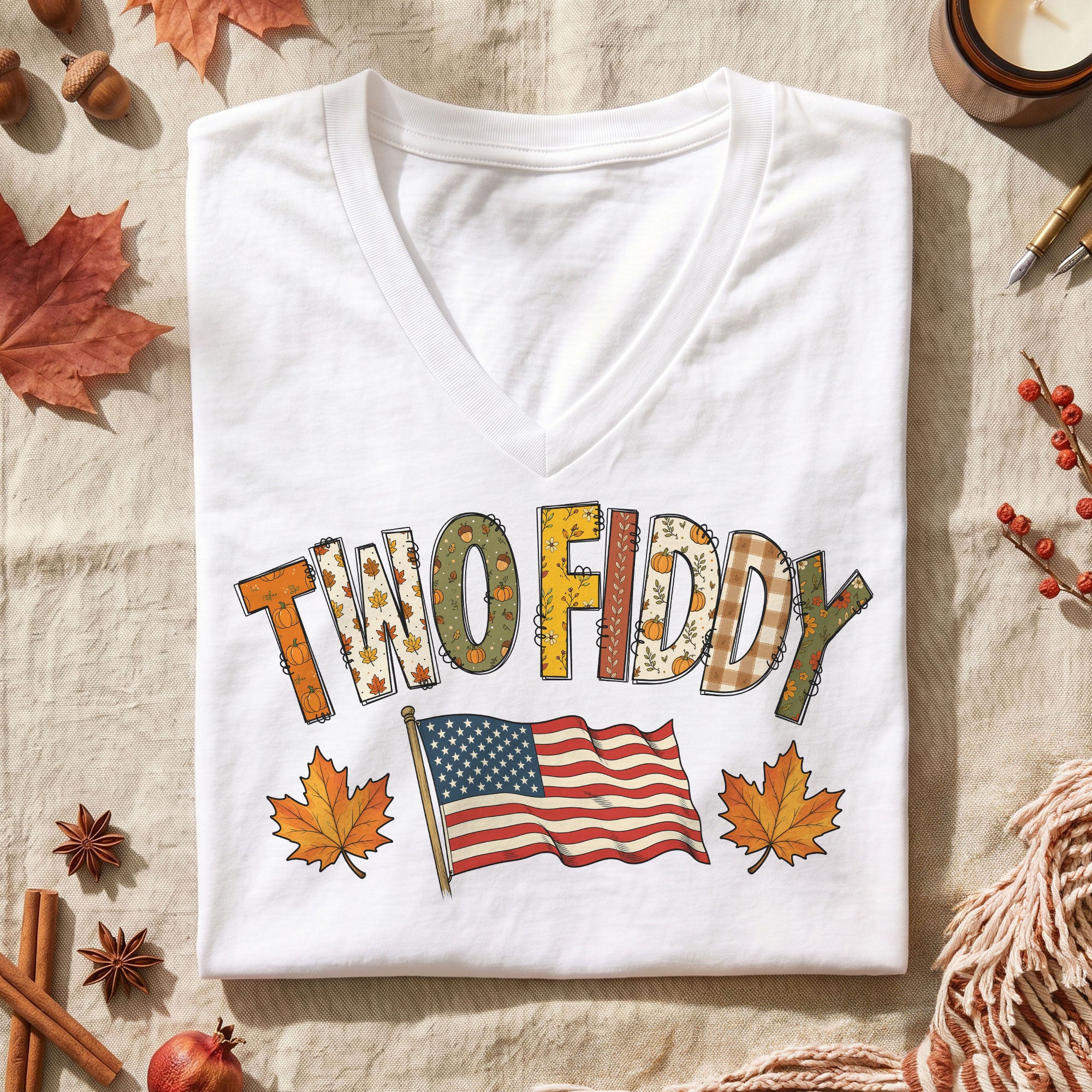 Two Fiddy Fall Flag Graphic V-Neck T-Shirt Patriotic Autumn Women's Casual Fashion Top