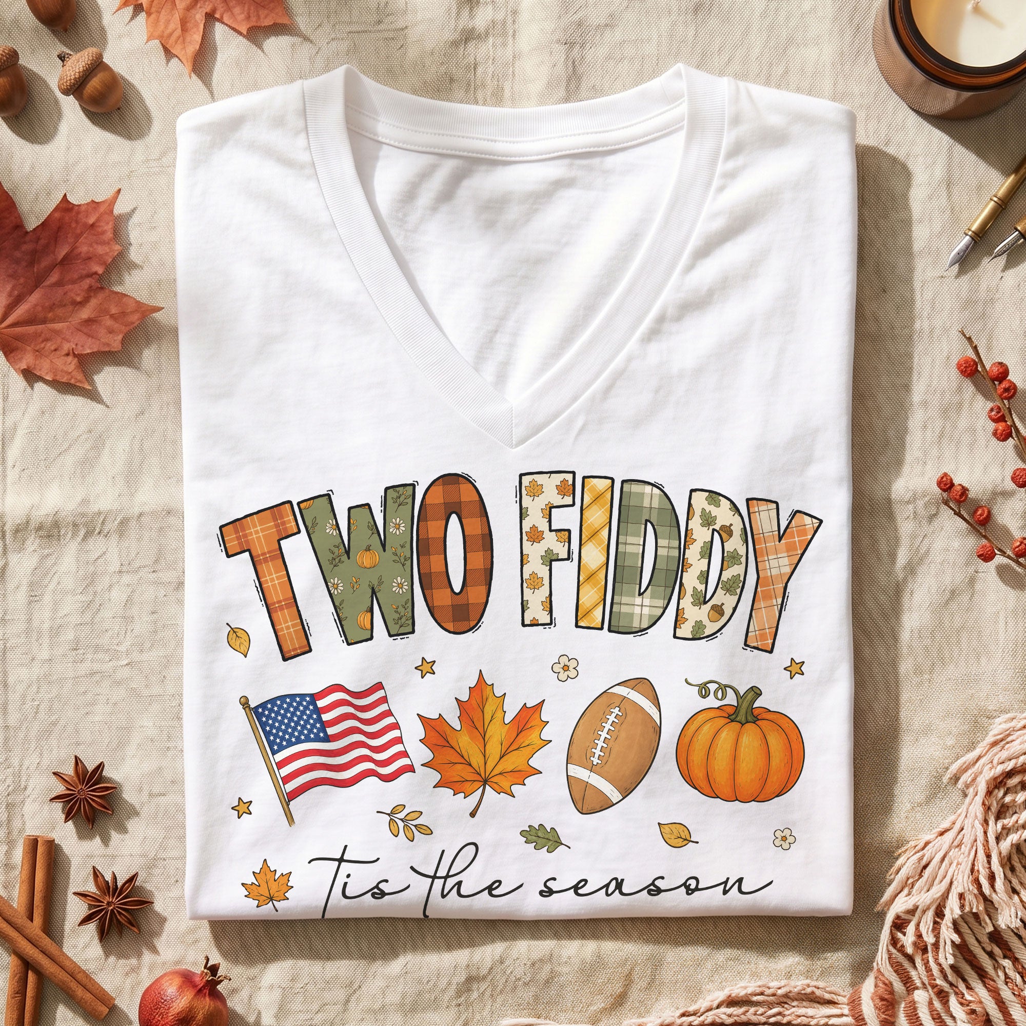 Two Fiddy Patriotic Fall Graphic V-Neck Shirt Seasonal USA Flag Women's Casual Wear