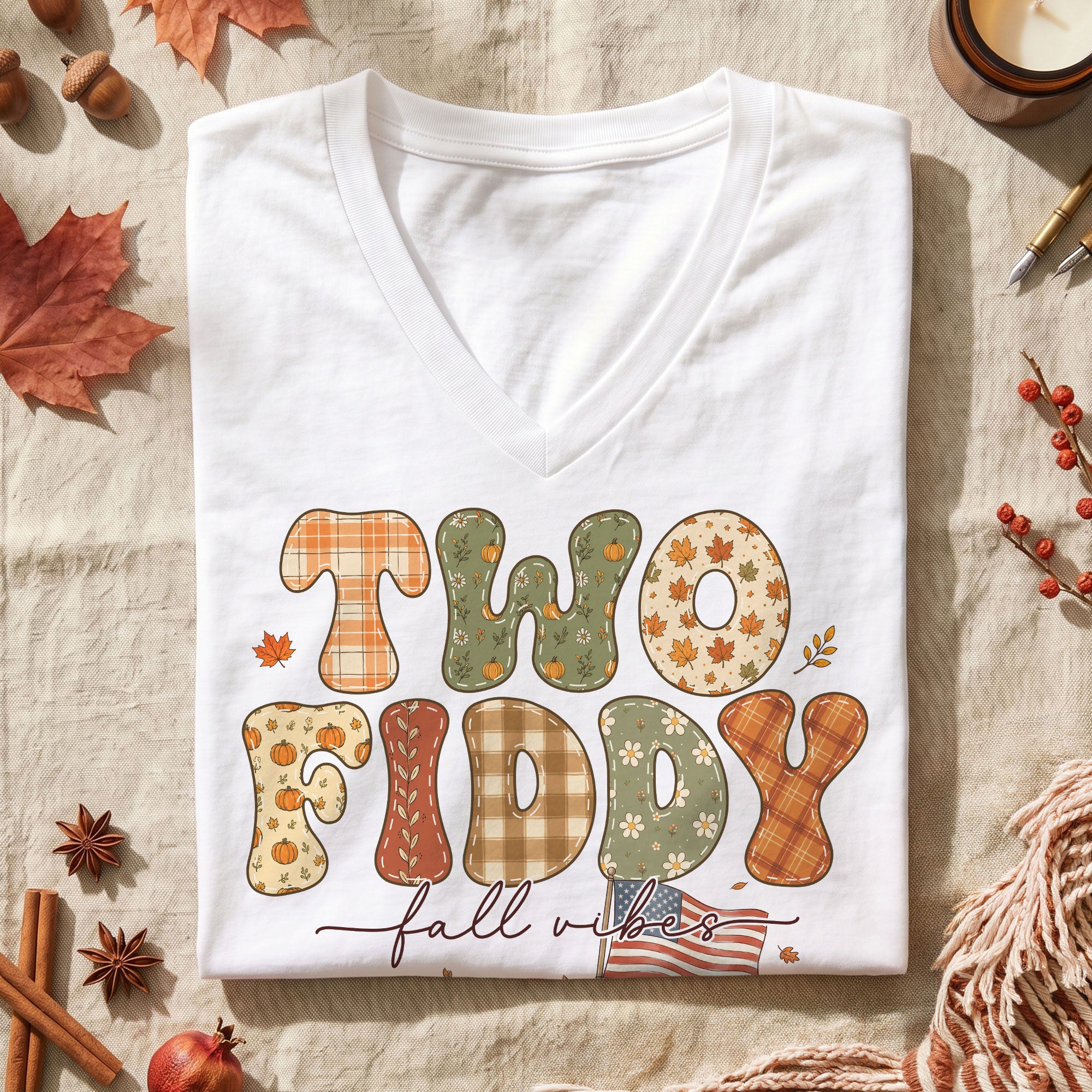 Two Fiddy Fall Vibes V-Neck Graphic T-Shirt Pumpkin Truck Patriotic Women's Casual Top