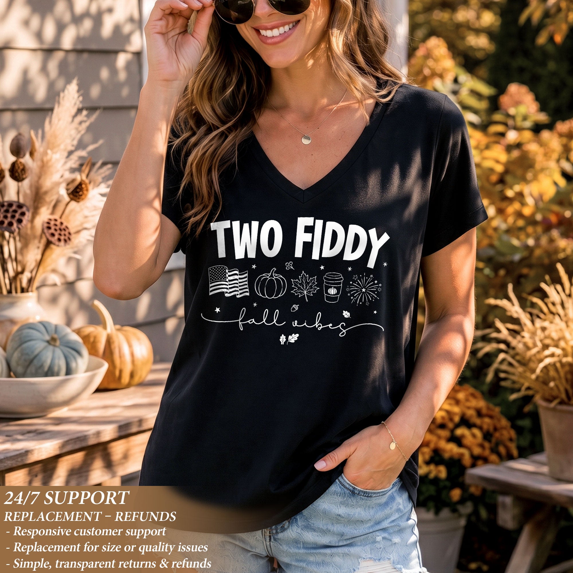 Seasonal Two Fiddy Graphic V-Neck Shirt USA Flag Fall Vibes Women's Casual Apparel