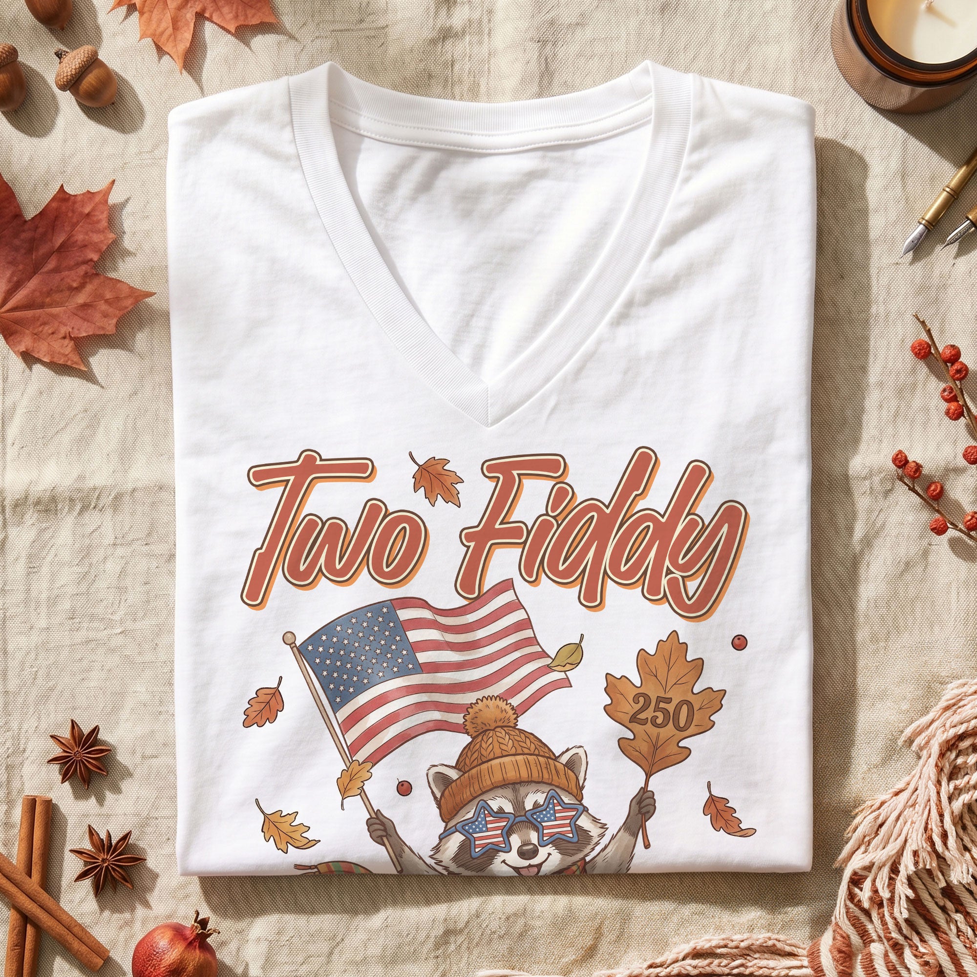 Two Fiddy Patriotic Raccoon V-Neck Graphic T-Shirt Fall Autumn Women's Casual Top