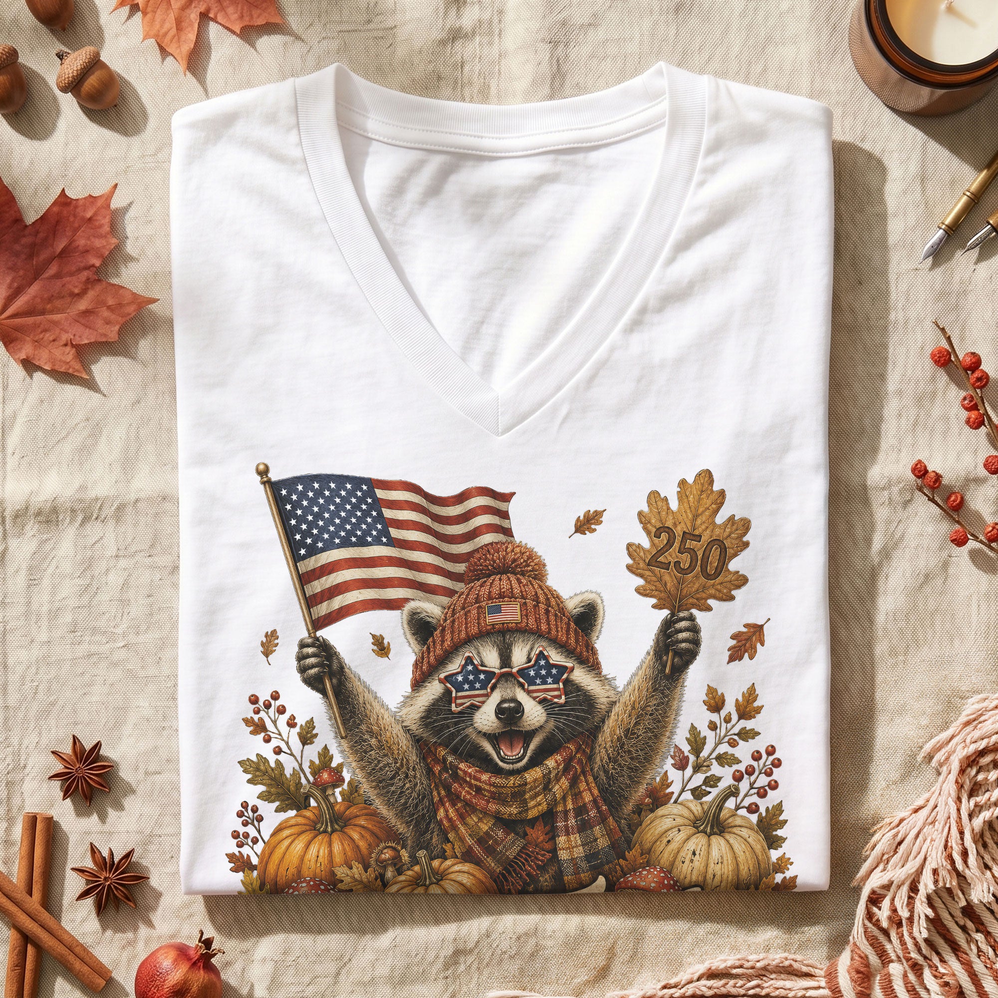 Autumn Seasonal Two Fiddy Graphic V-Neck Tee USA Flag Raccoon Women's Casual Style Shirt