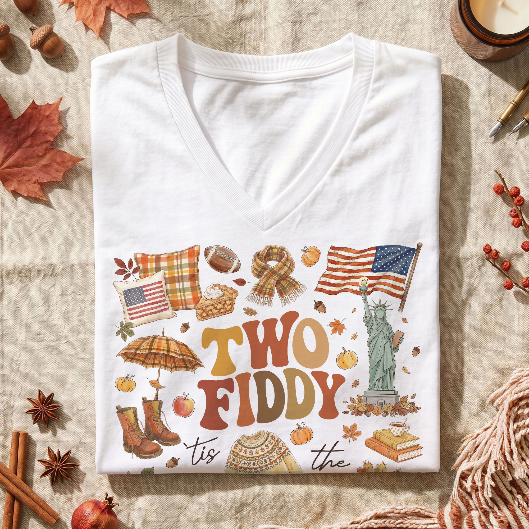 Two Fiddy Patriotic Autumn Graphic V-Neck T-Shirt Seasonal Women's Casual Style Shirt