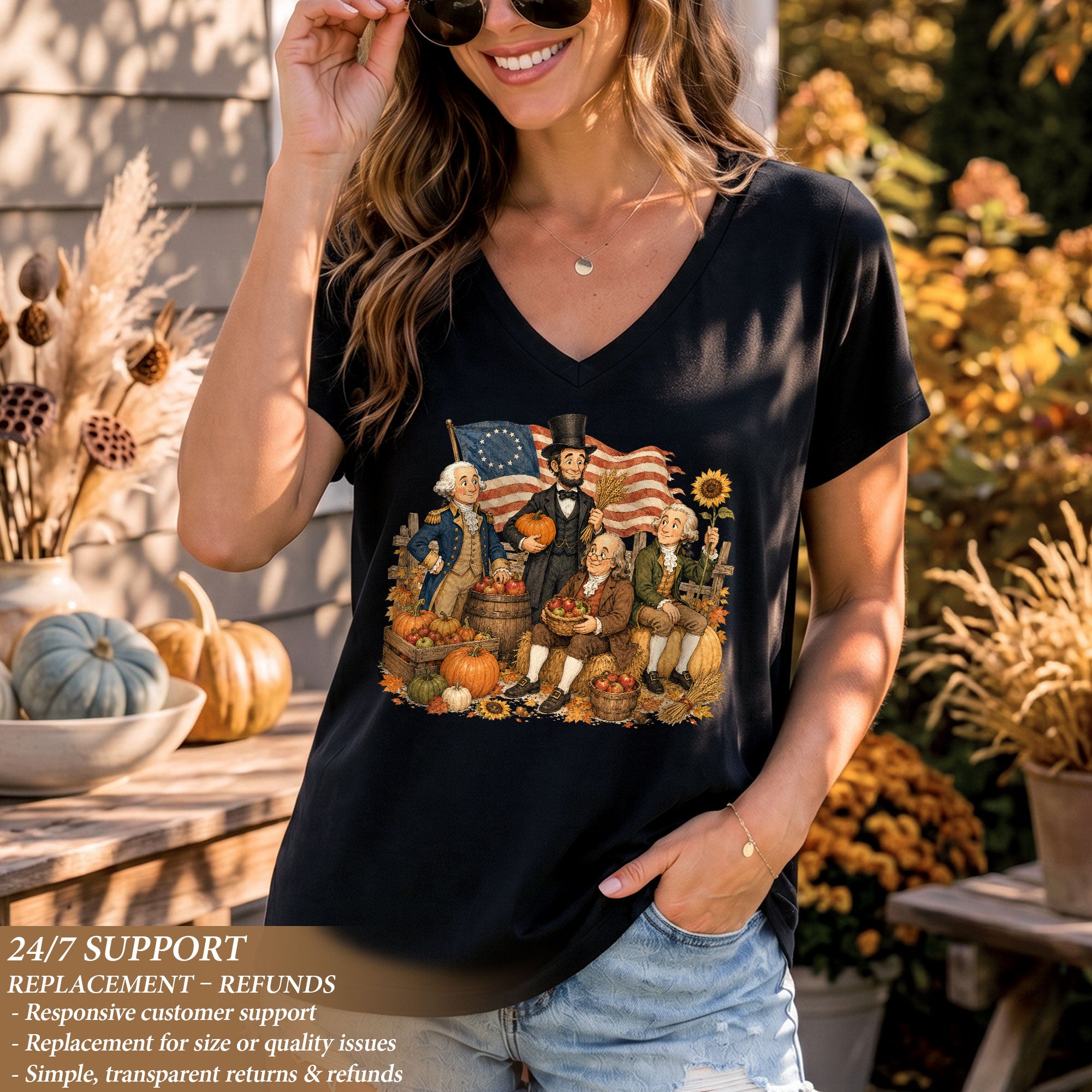 Patriotic Fall V-Neck Shirt Women Cute Presidents Harvest Pumpkin Autumn Graphic Tee