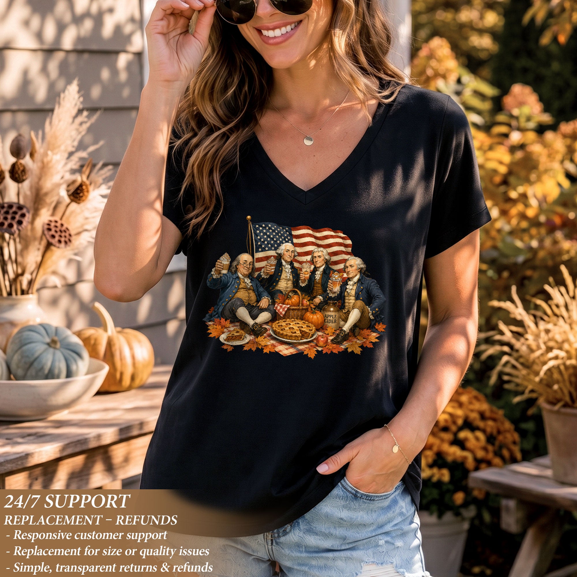 Patriotic Fall V-Neck Shirt Women Cute Founding Fathers Picnic Pumpkin Pie Graphic Tee