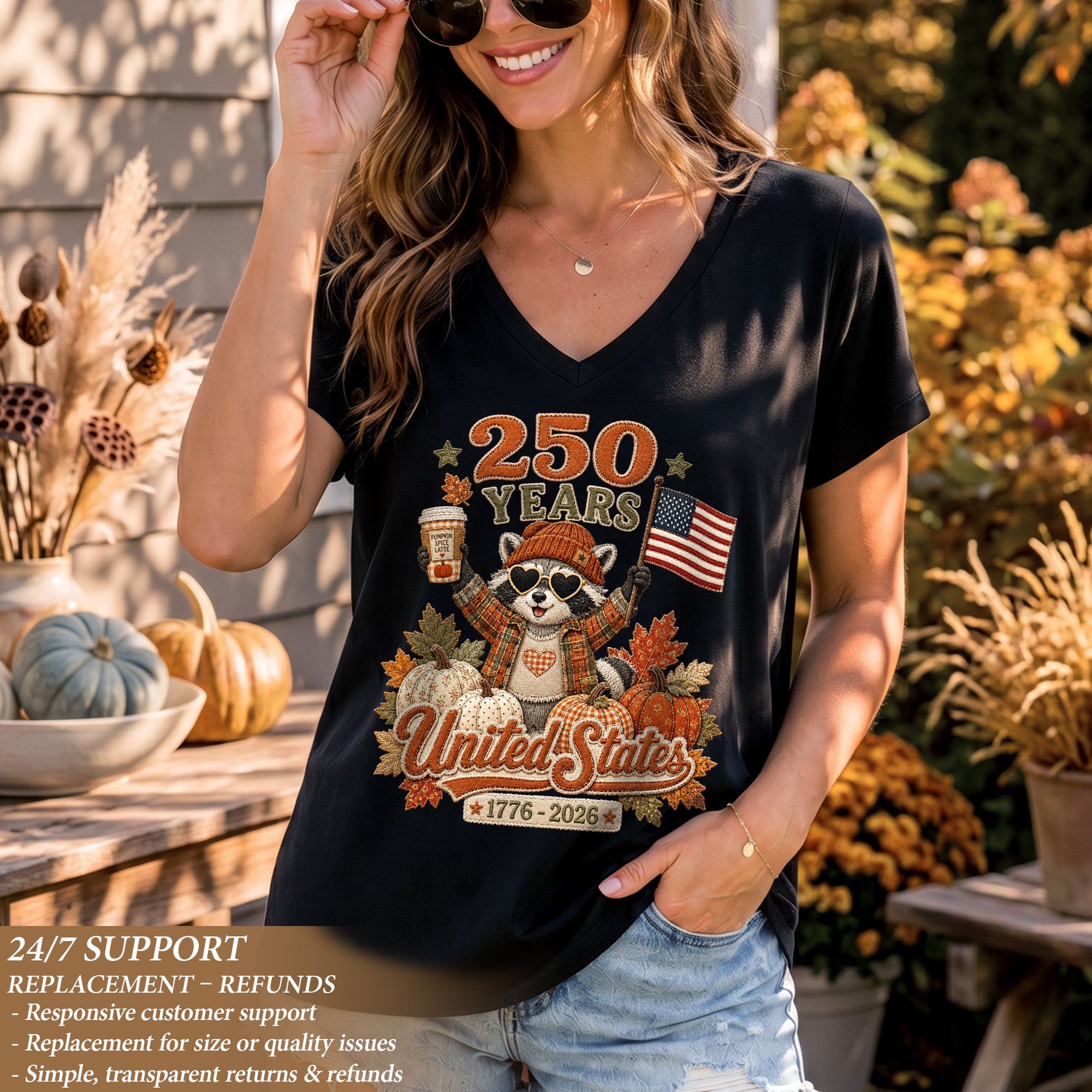 Cute Raccoon Fall V-Neck Shirt Women Spooky Pumpkin Spice Latte Patriotic United States