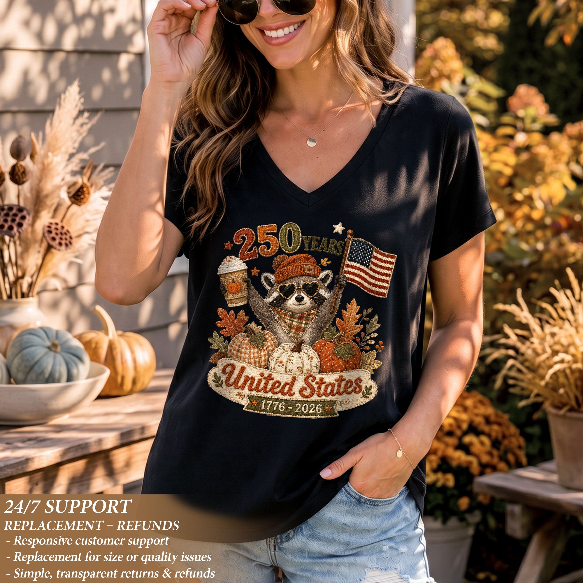 Patriotic Raccoon Fall V-Neck Shirt Women Cute United States Flag Pumpkin Autumn Tee