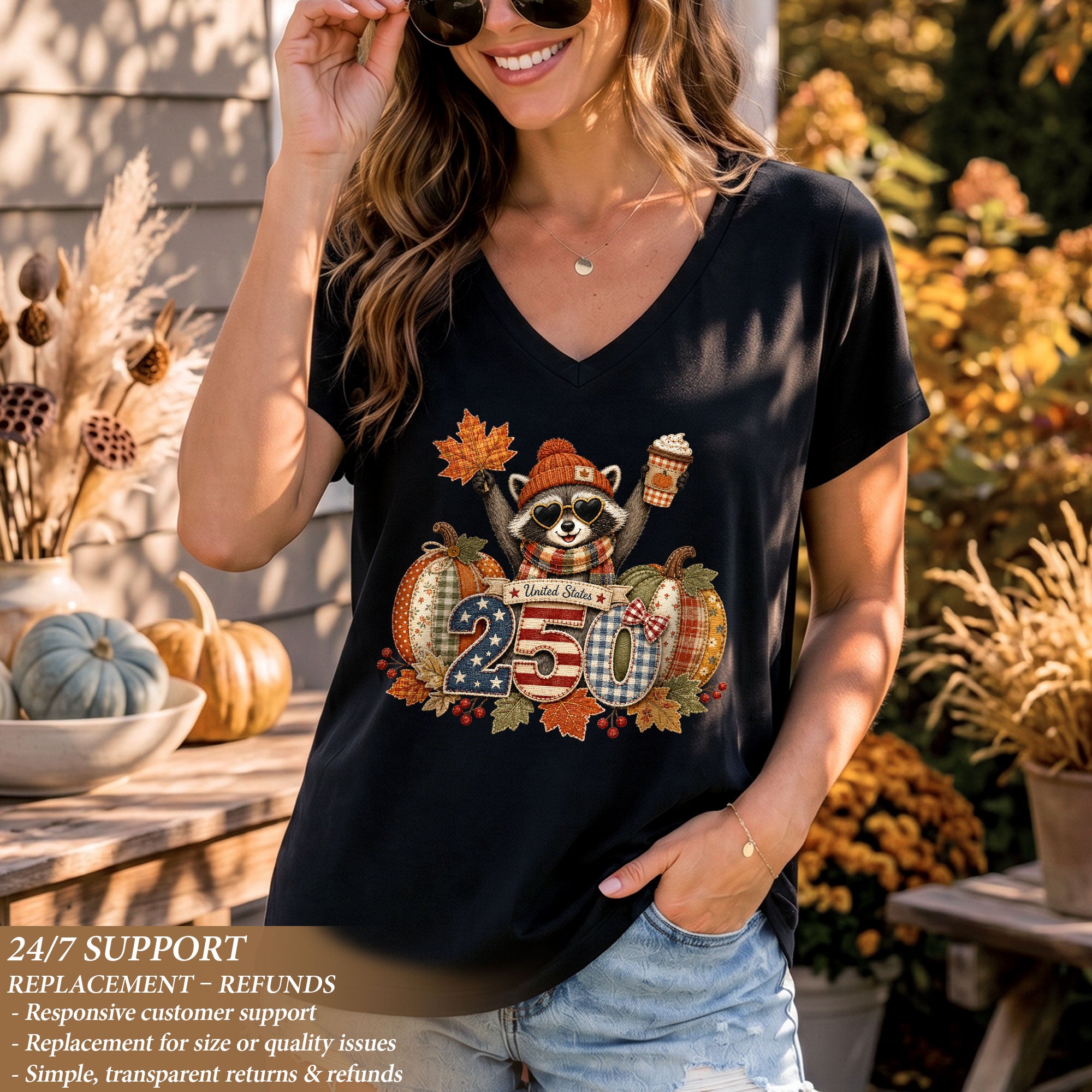 Patriotic Raccoon Fall V-Neck Shirt Women Cute Country Pumpkin Autumn Flag Graphic Tee