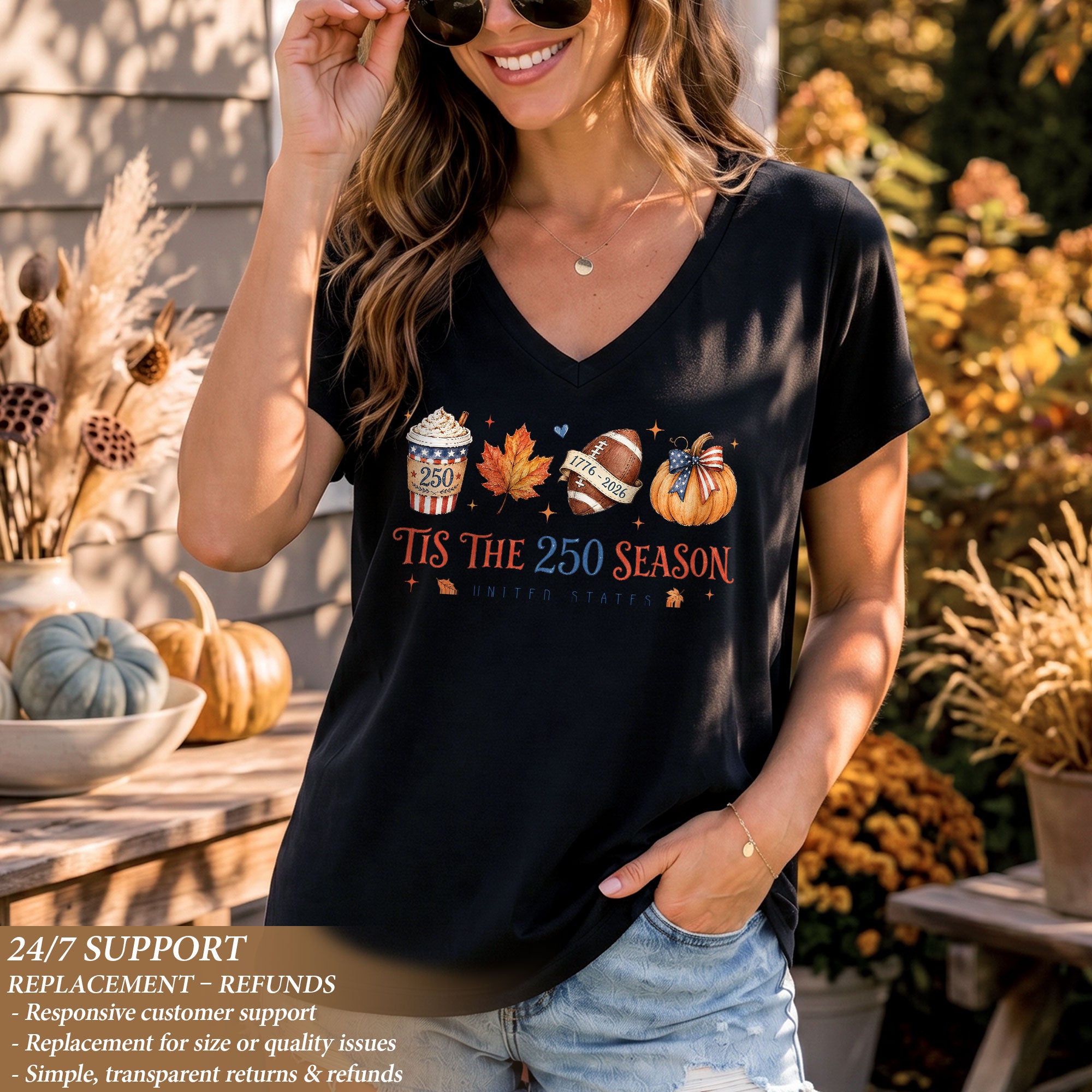 Patriotic Fall Football V-Neck Shirt Women Spooky Pumpkin Spice Latte United States Tee