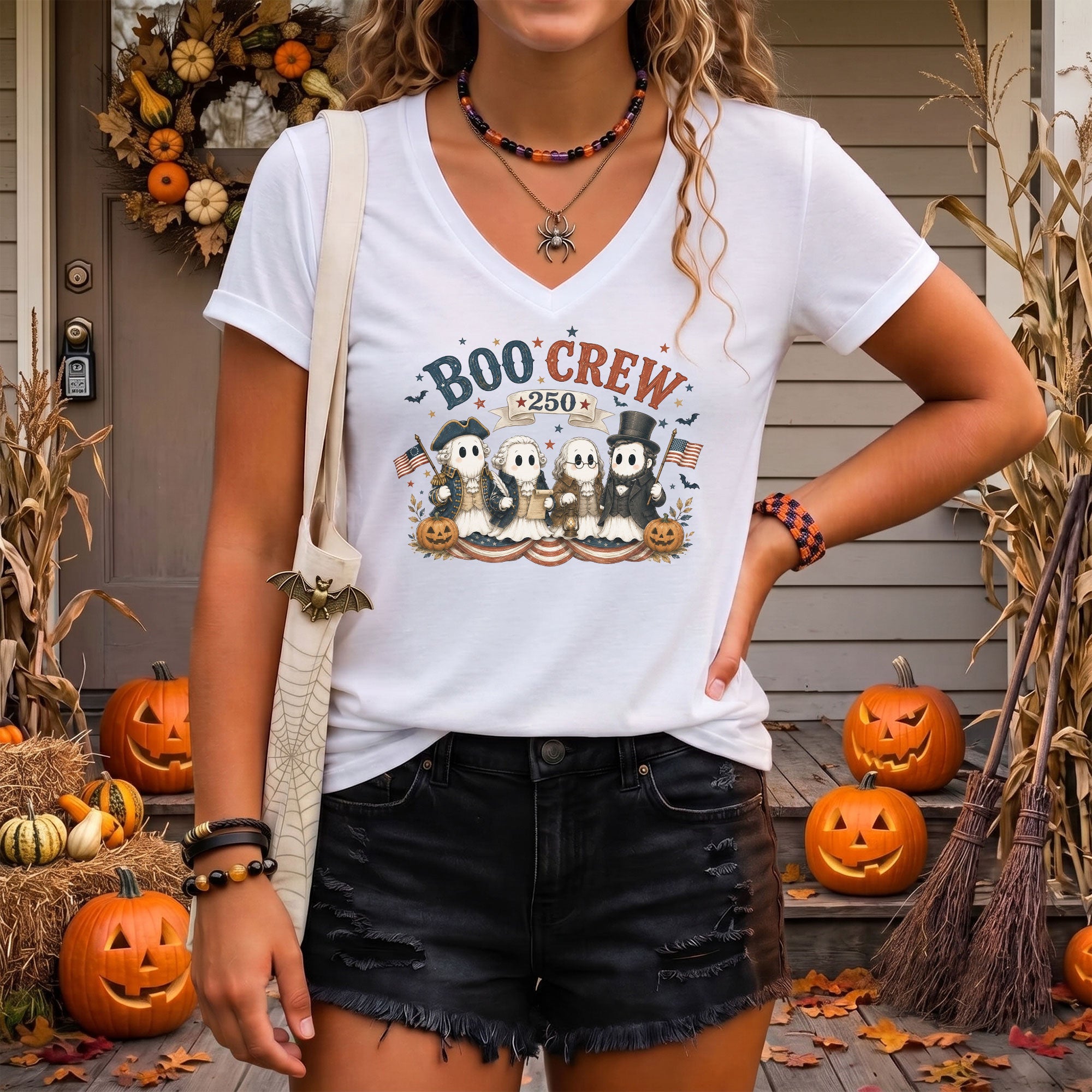 Patriotic Boo Crew Halloween V-Neck Shirt Women Cute Ghost Historical Figures Tee