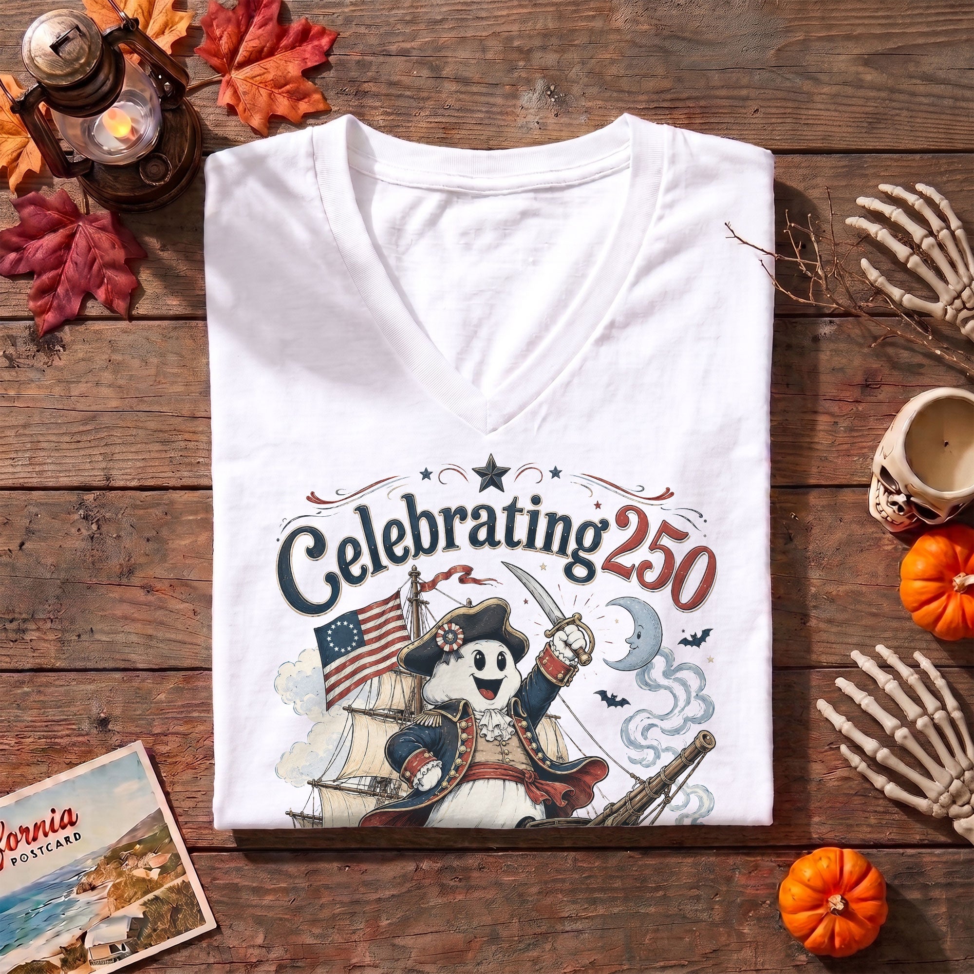 One Boo At A Time Halloween V-Neck Shirt Women Cute Patriotic Pirate Ghost Ship Tee