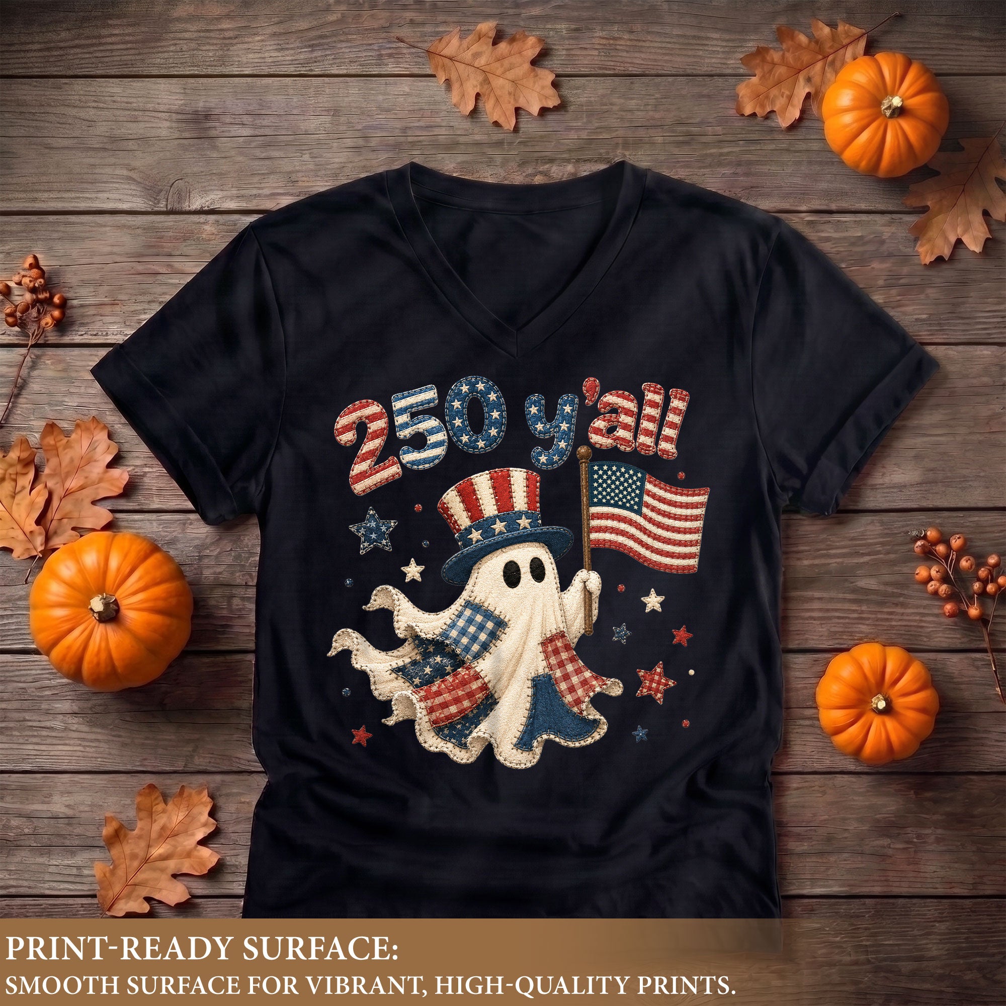 Patriotic Ghost Halloween V-Neck Shirt Women Cute Southern Y'all Uncle Sam Hat Tee