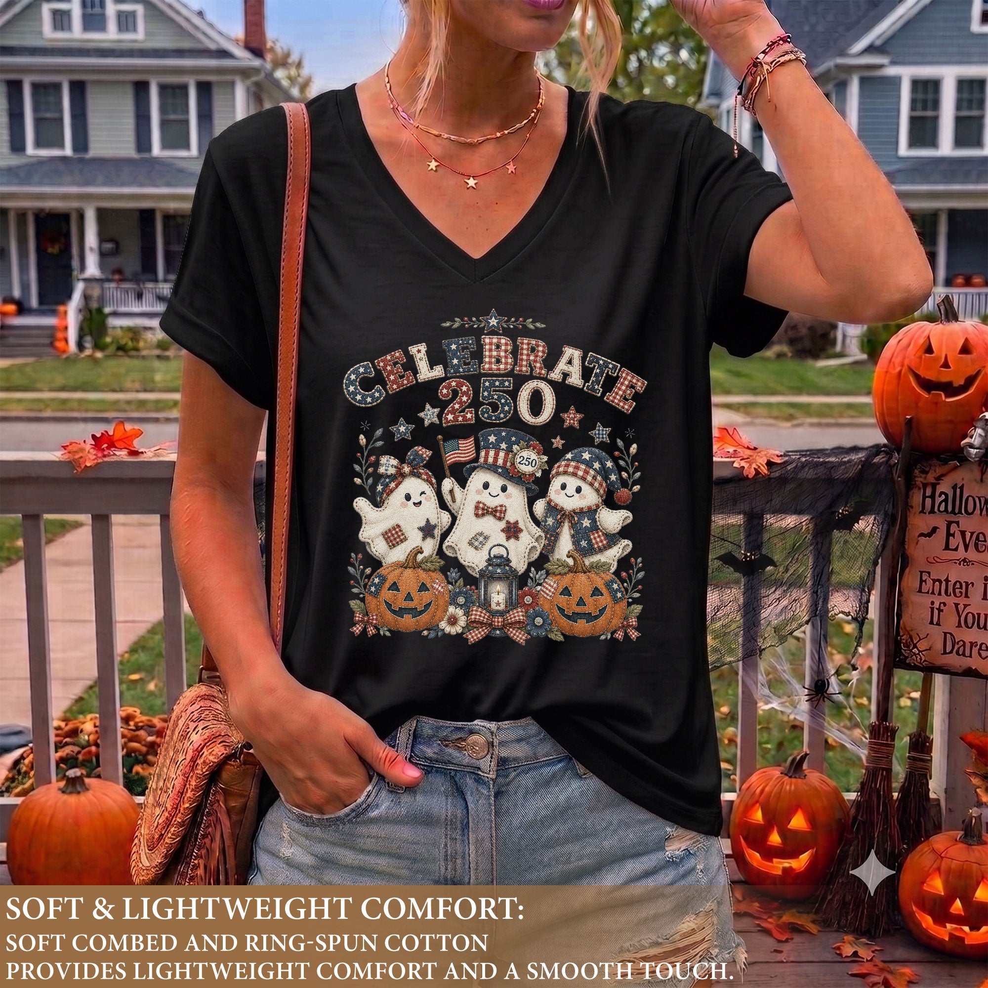 Patriotic Ghost Halloween V-Neck Shirt Women Cute Spooky Celebrate Party Graphic Tee