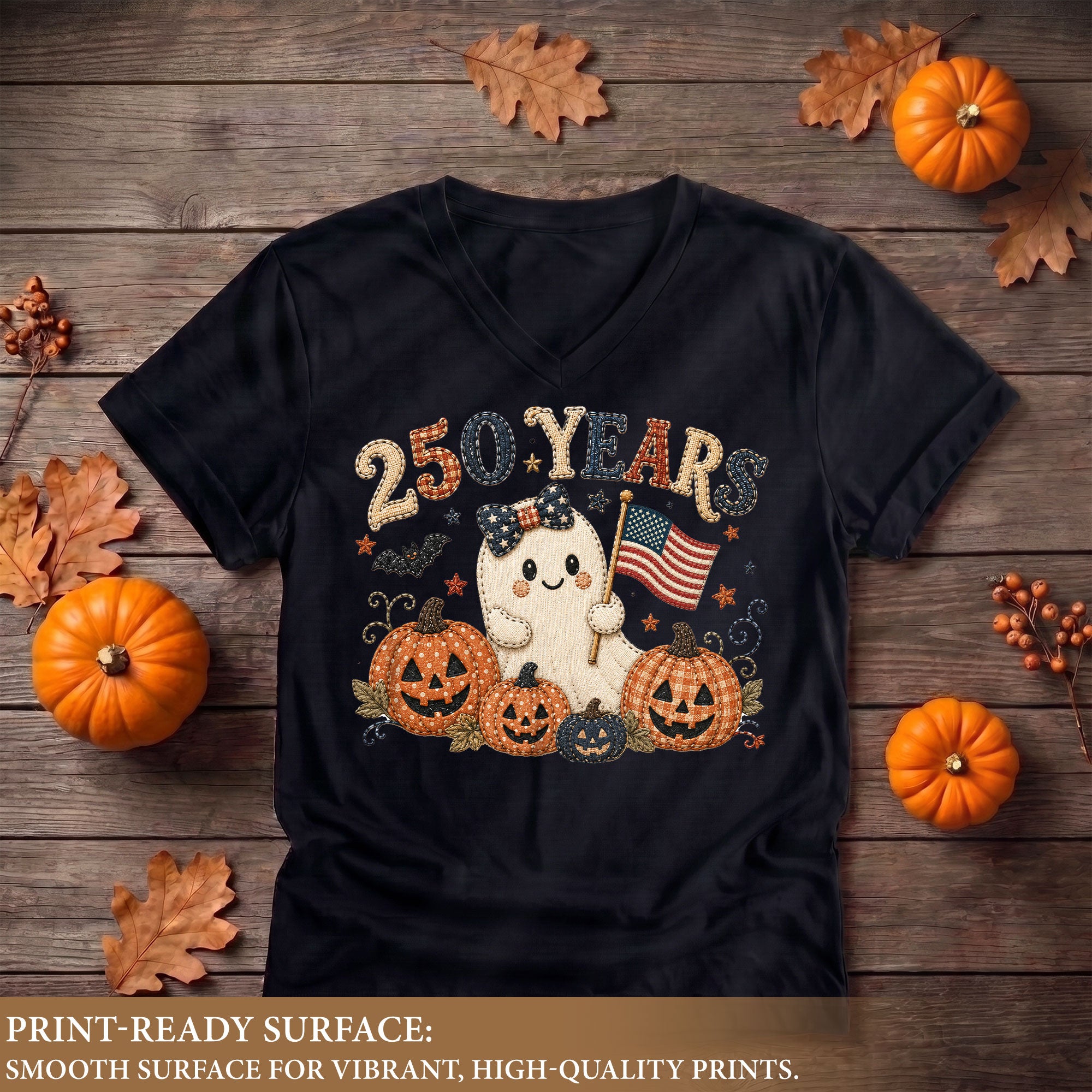Cute Patriotic Ghost Halloween V-Neck Shirt Women Spooky Pumpkin Flag Graphic Tee