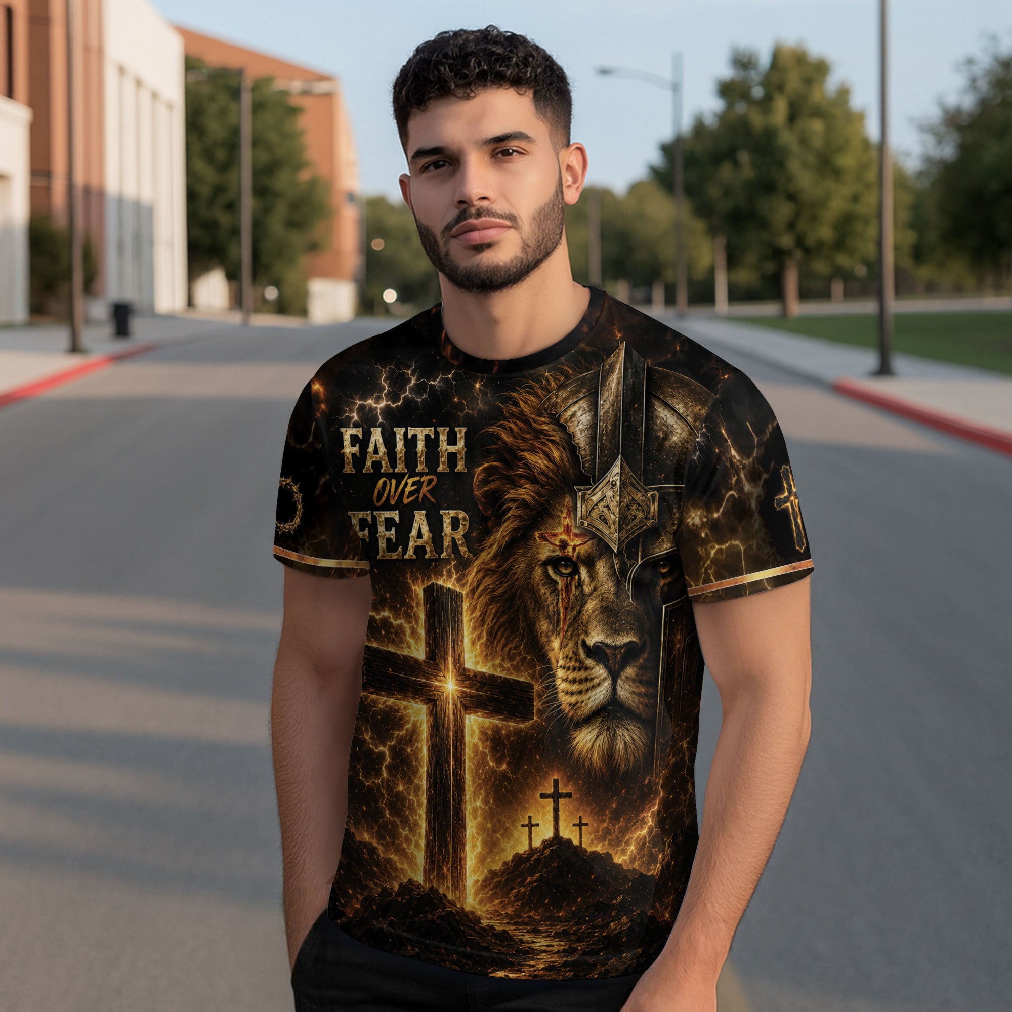 Faith Over Fear Lion Cross Warrior 3D Graphic Christian T Shirt Apparel Men Clothing