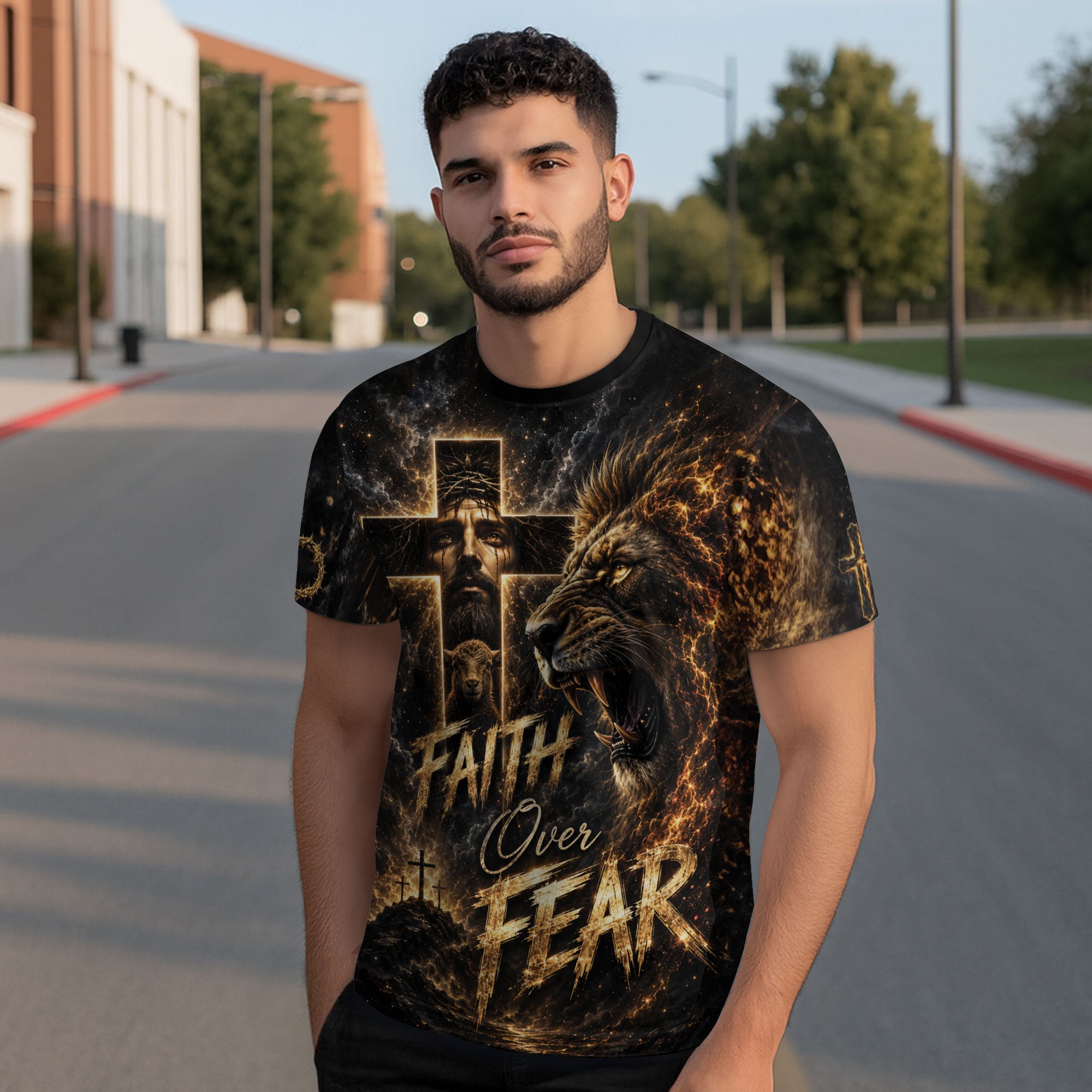 Faith Over Fear Jesus Lion Cross 3D Graphic Christian T Shirt Apparel Men Clothing