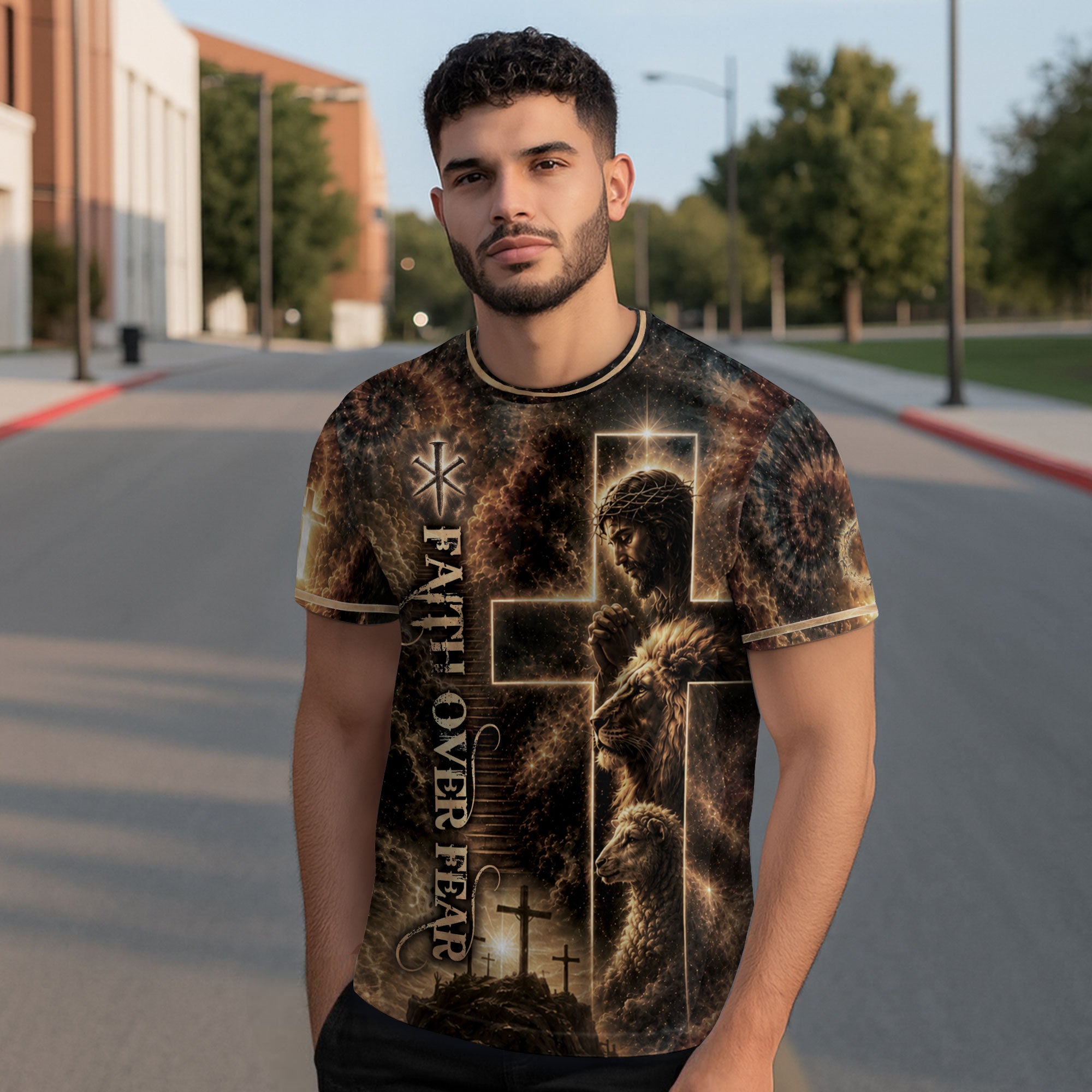 Jesus Lion Cross Faith Over Fear 3D Graphic Christian T Shirt Apparel Men Clothing