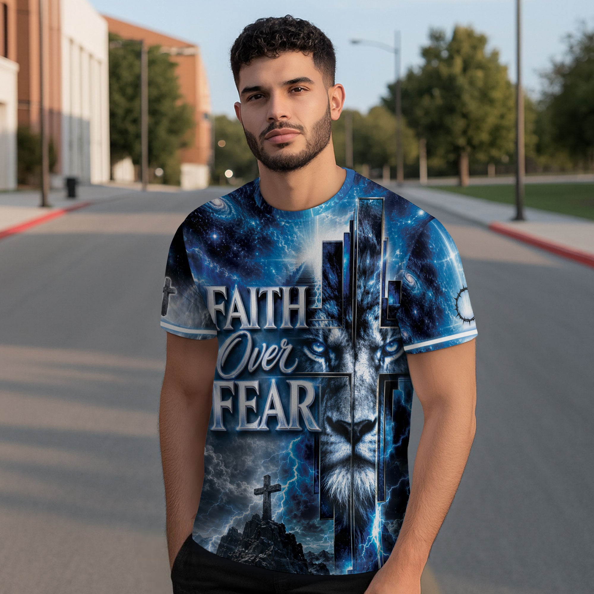 Faith Over Fear Lightning Lion Cross 3D Graphic Christian T Shirt Apparel Men Clothing