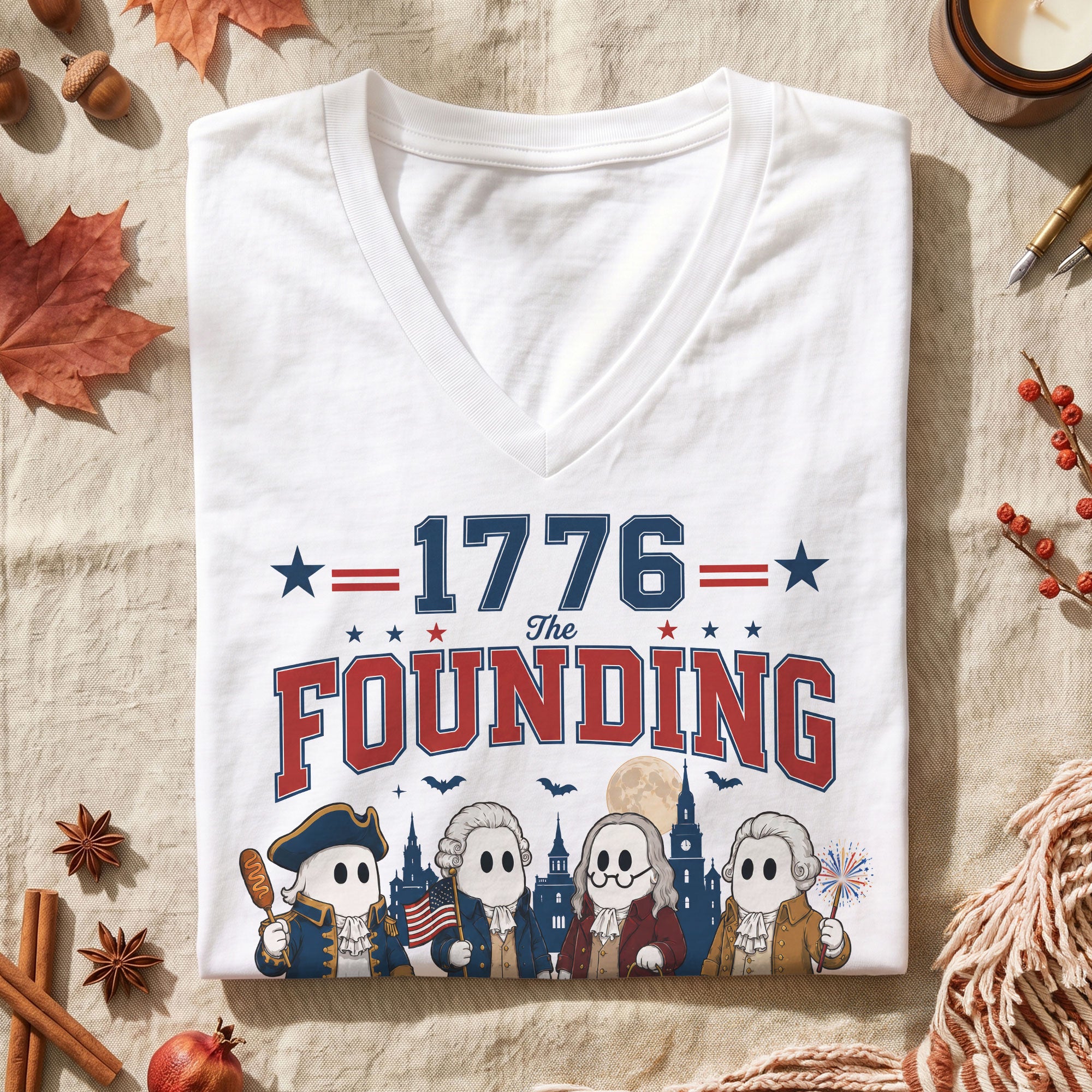 1776 Founding Boos V Neck Shirt Funny Patriotic Ghost Women Graphic Tee Vintage