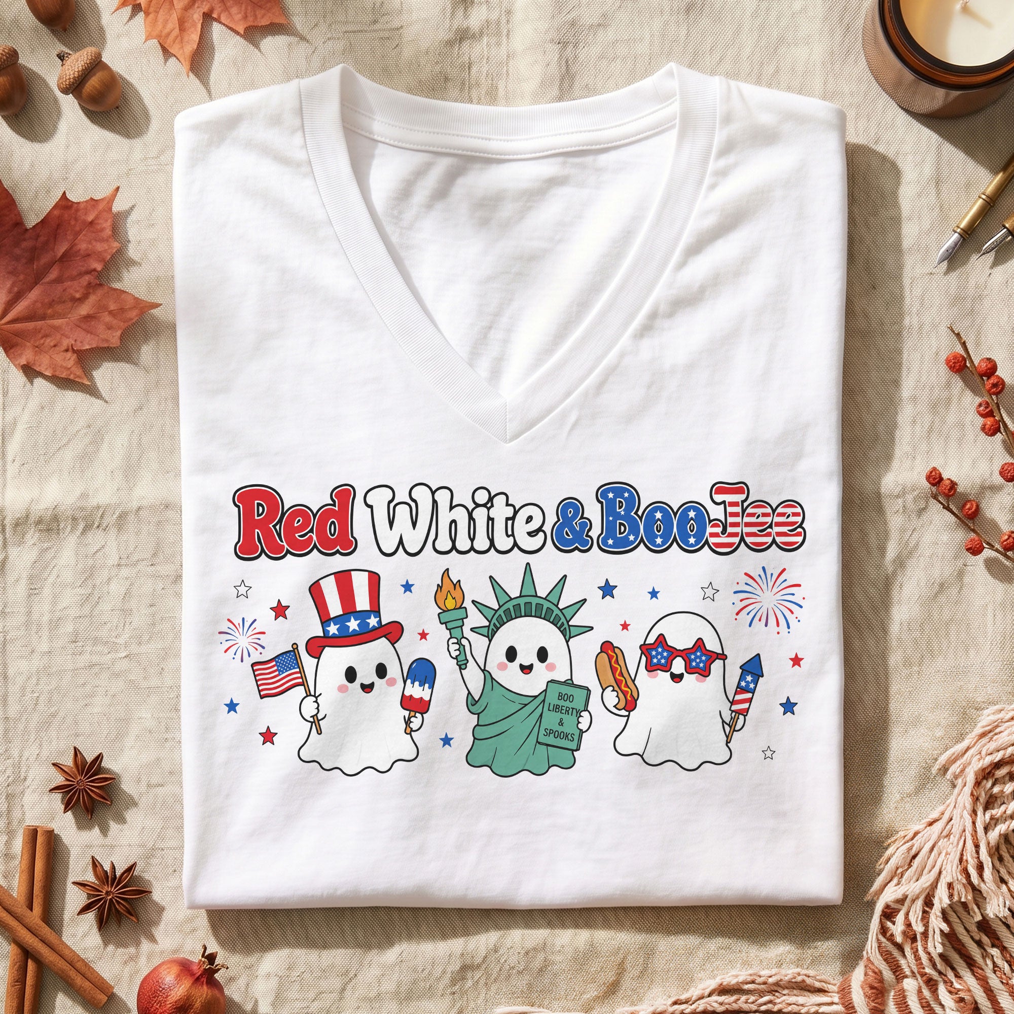 Red White And BooJee V Neck Shirt Cute Patriotic Ghost Women Graphic Tee