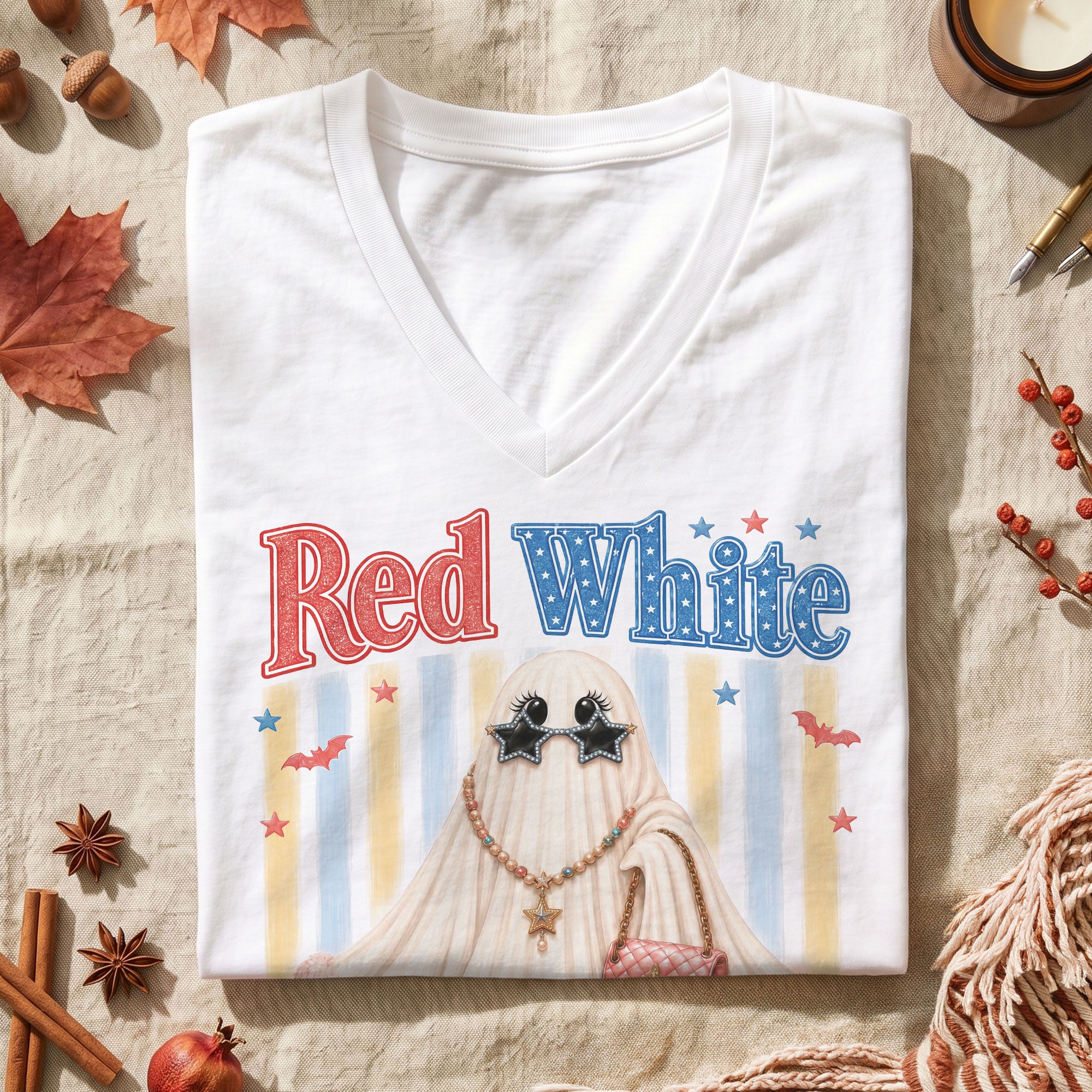 Red White BooJee V Neck Shirt Glam Ghost Fashion Patriotic Women Graphic Tee