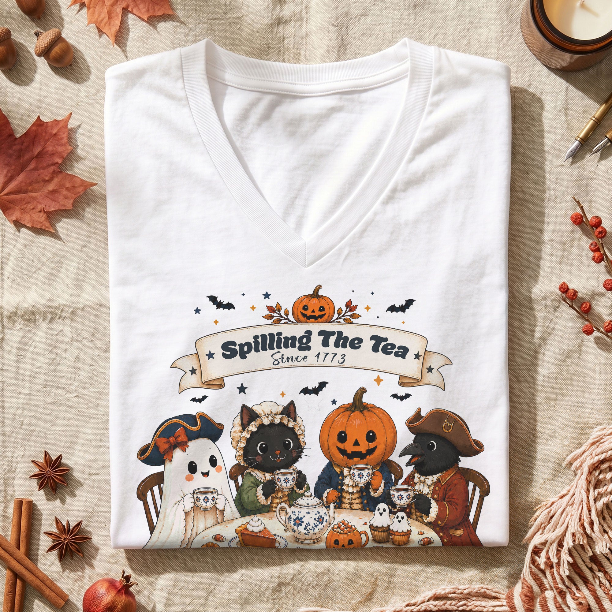 Spilling The Tea Since 1773 V Neck Shirt Funny Ghost Pumpkin Women Graphic Tee