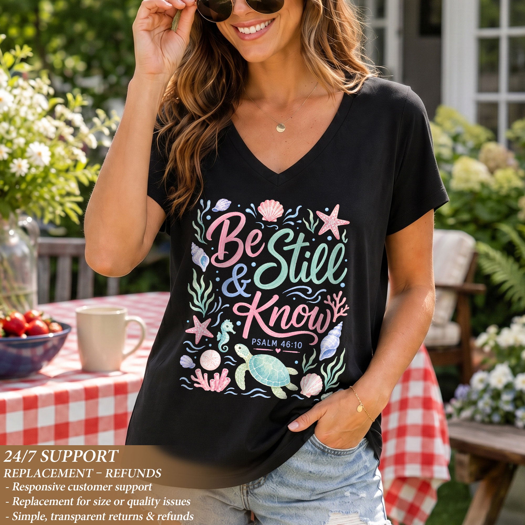 Be Still And Know Sea Turtle Ocean Psalm 46 10 Graphic Christian V Neck Shirt Women