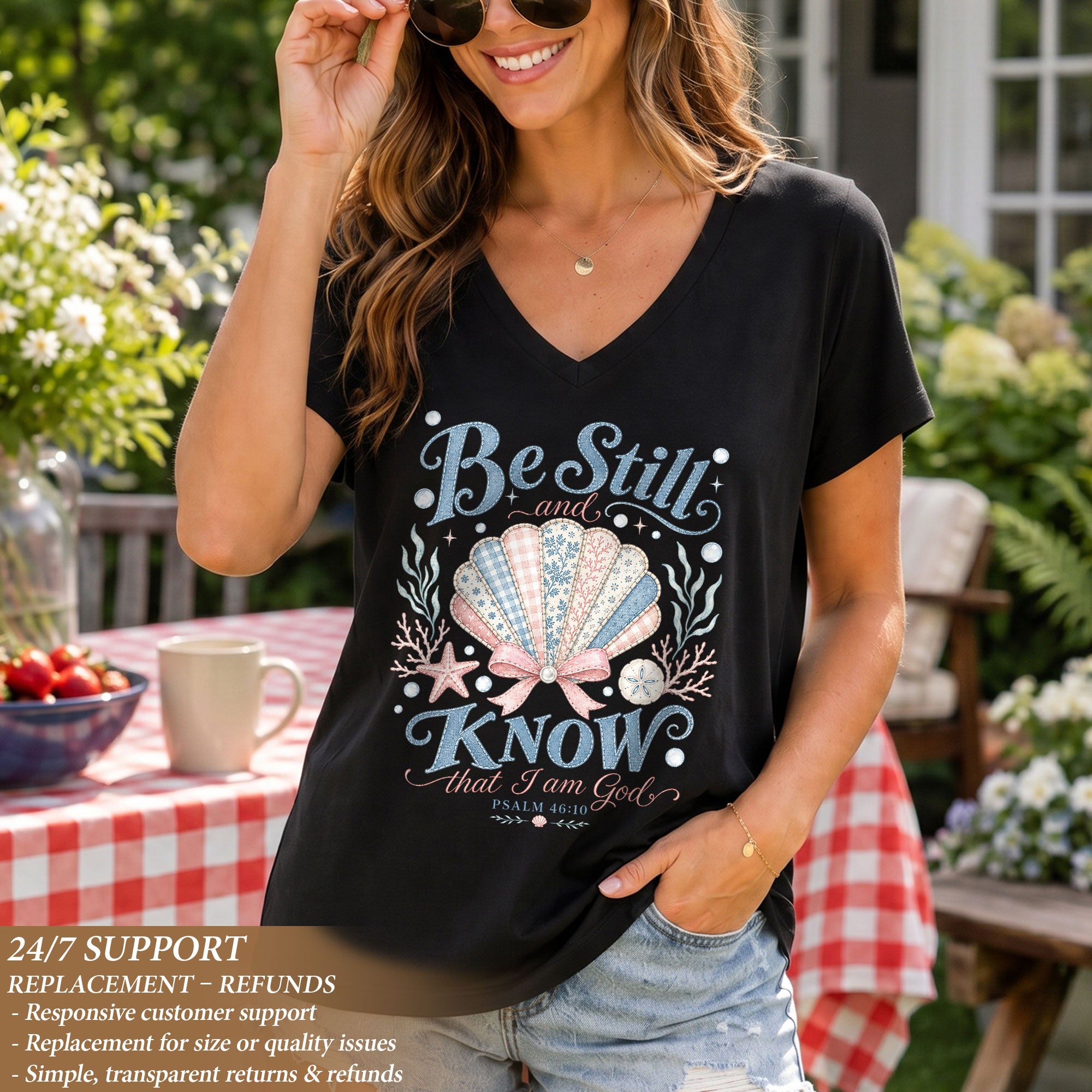 Be Still And Know That I Am God Seashell Psalm 46 10 Christian V Neck Shirt Women