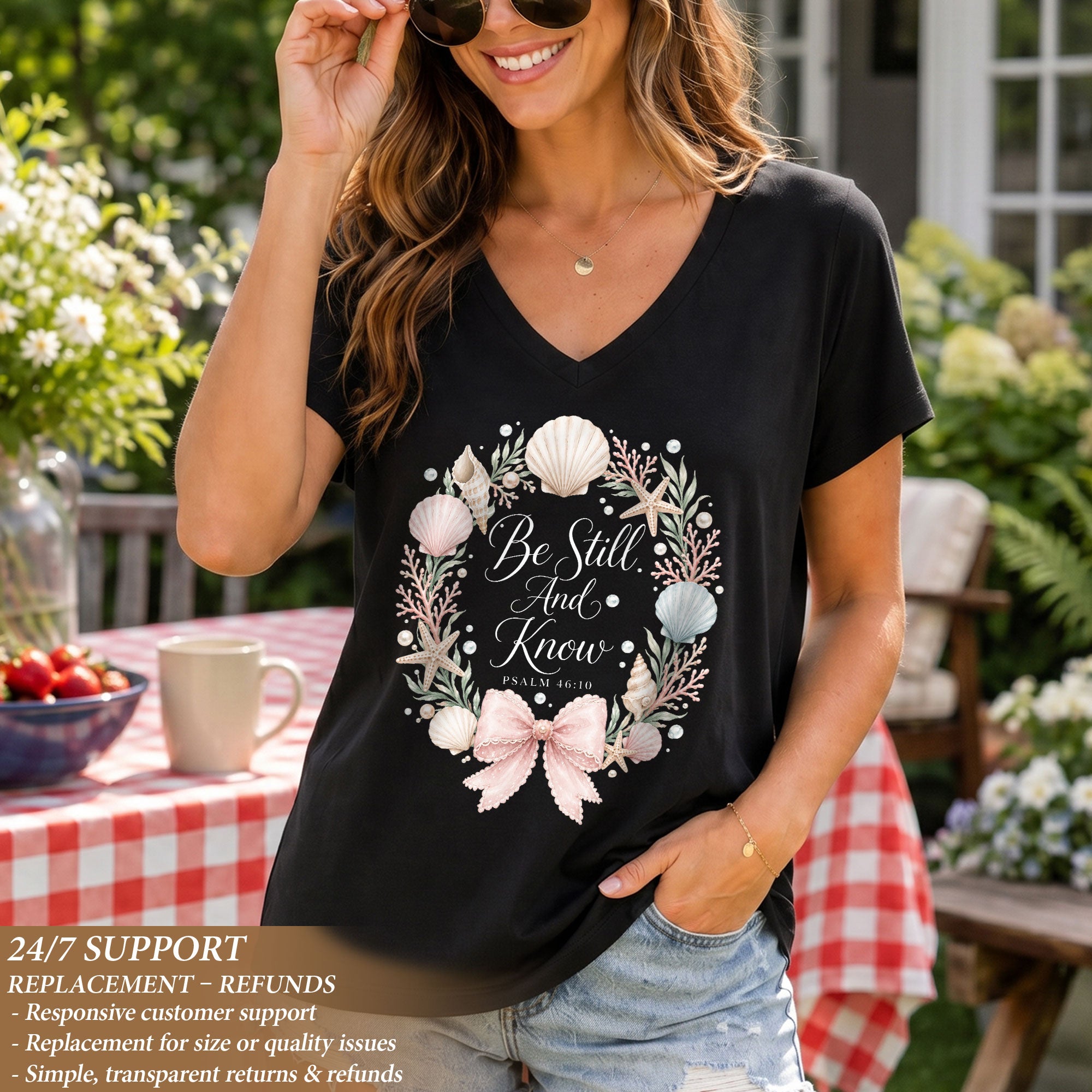 Be Still And Know Seashell Floral Wreath Psalm 46 10 Christian V Neck Shirt Women