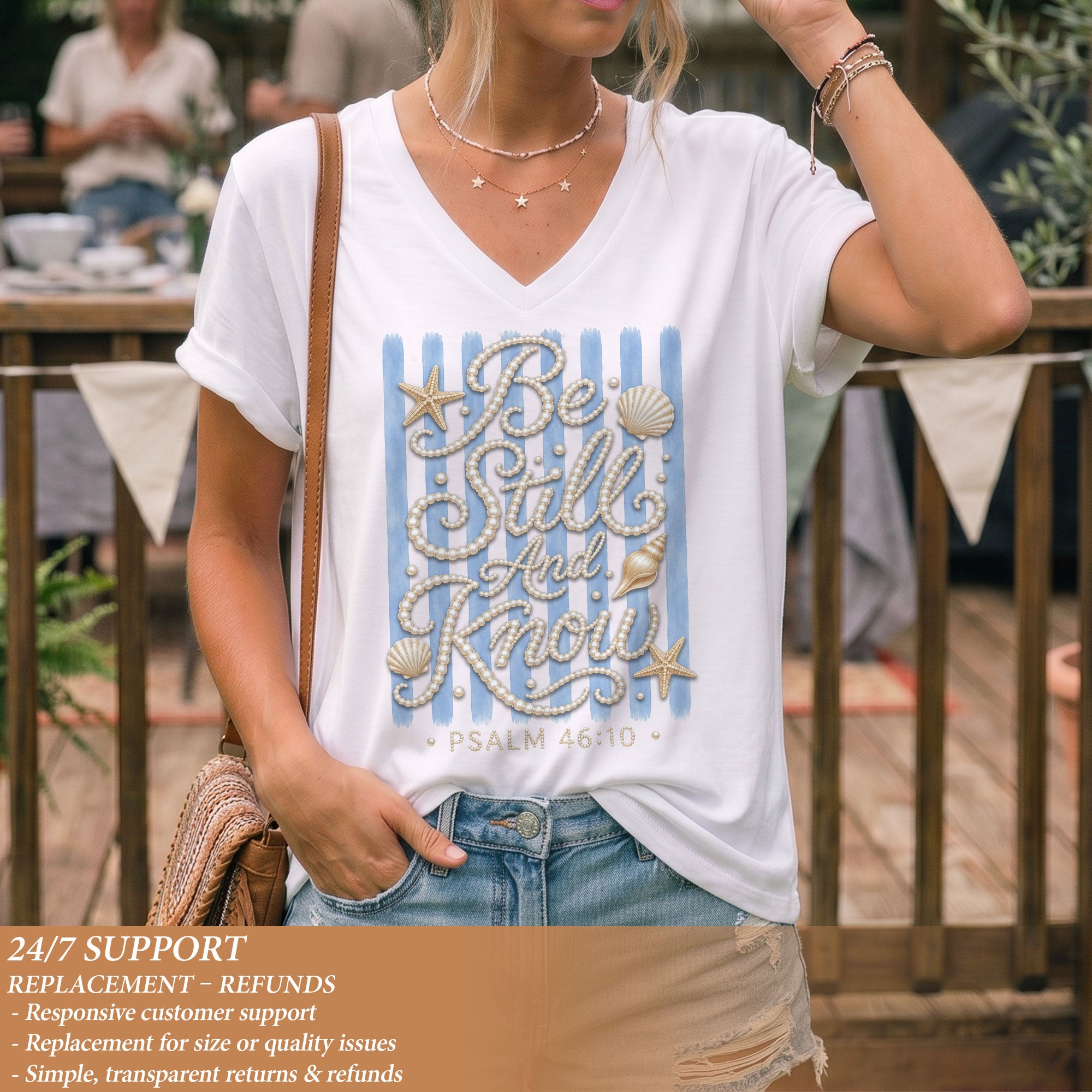 Be Still And Know Pearl Stripes Seashells Psalm 46 10 Christian V Neck Shirt Women
