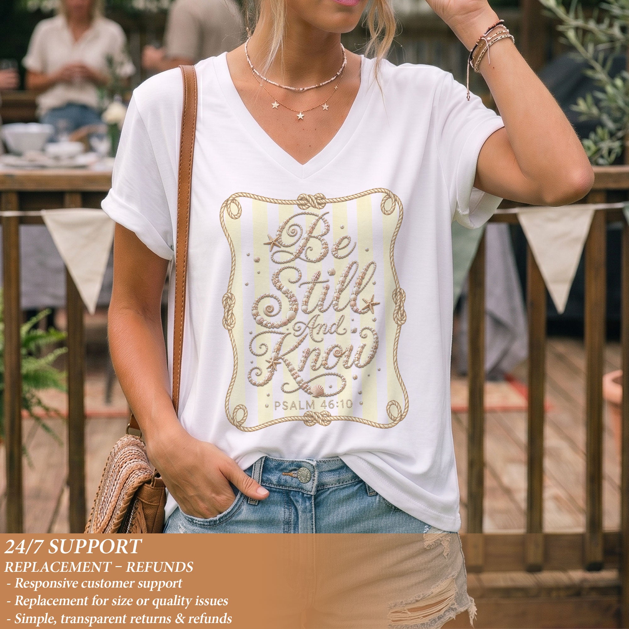 Be Still And Know Seashell Rope Stripes Psalm 46 10 Christian V Neck Shirt Women
