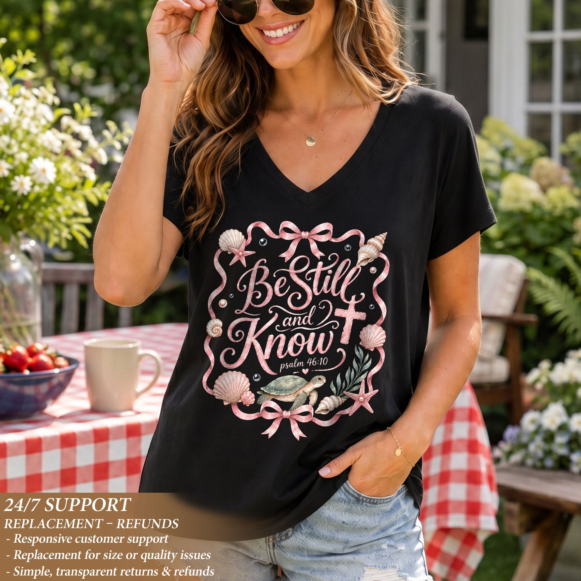 Be Still And Know Sea Turtle Ribbon Cross Psalm 46 10 Christian V Neck Shirt Women