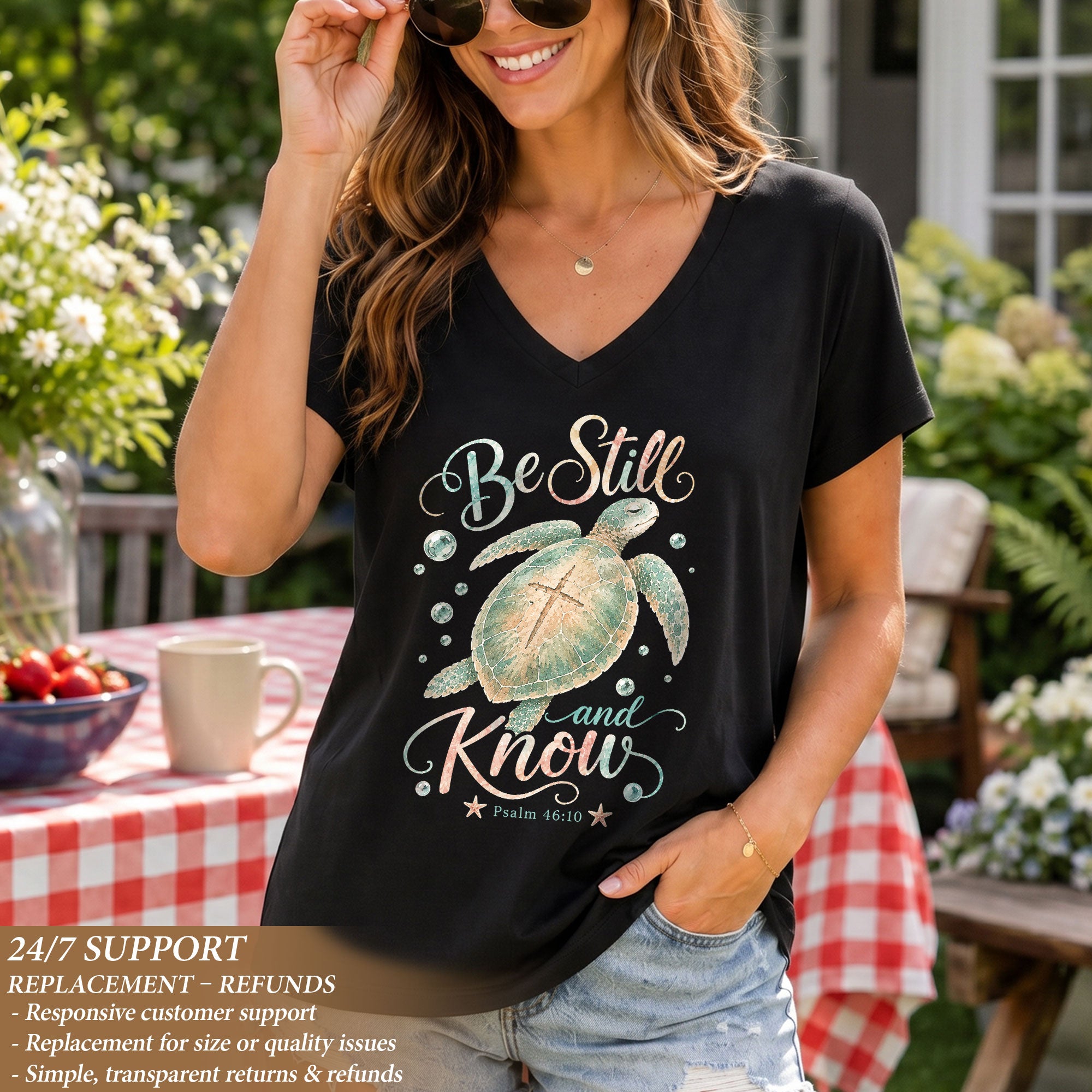 Be Still And Know Sea Turtle Cross Shell Psalm 46 10 Christian V Neck Shirt Women