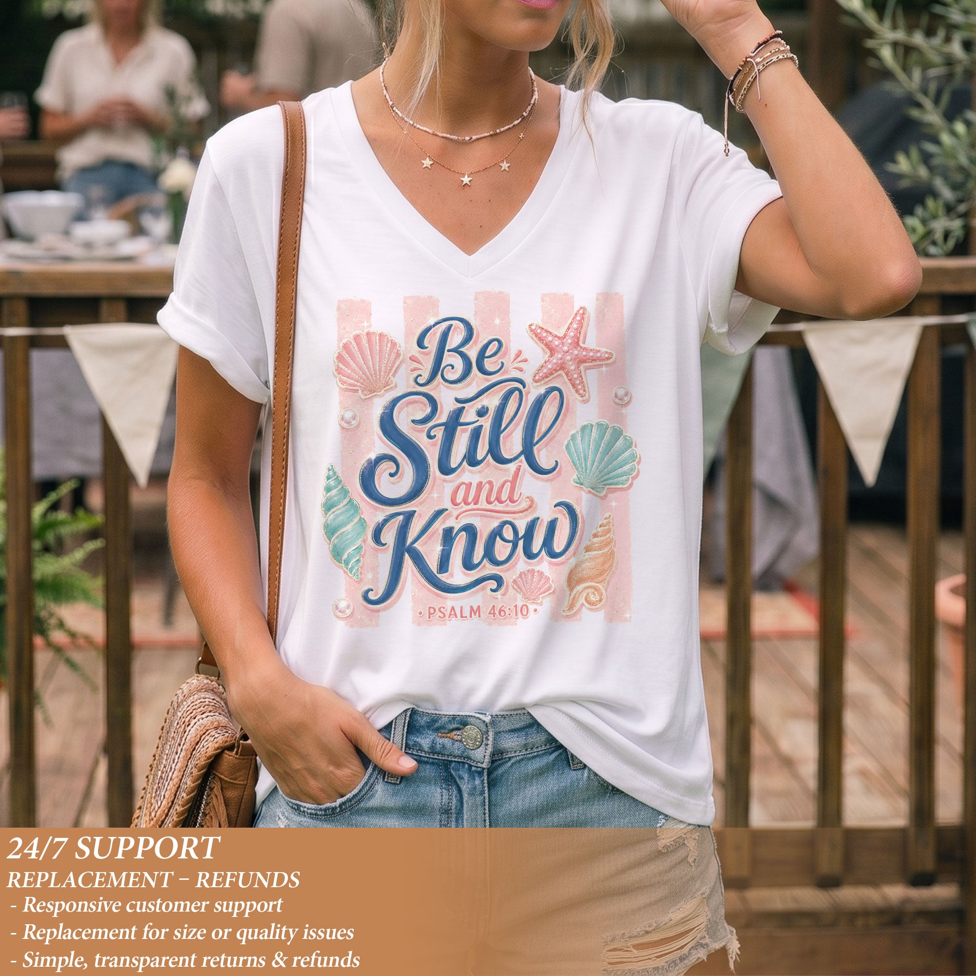 Be Still And Know Pink Stripes Seashells Psalm 46 10 Christian V Neck Shirt Women