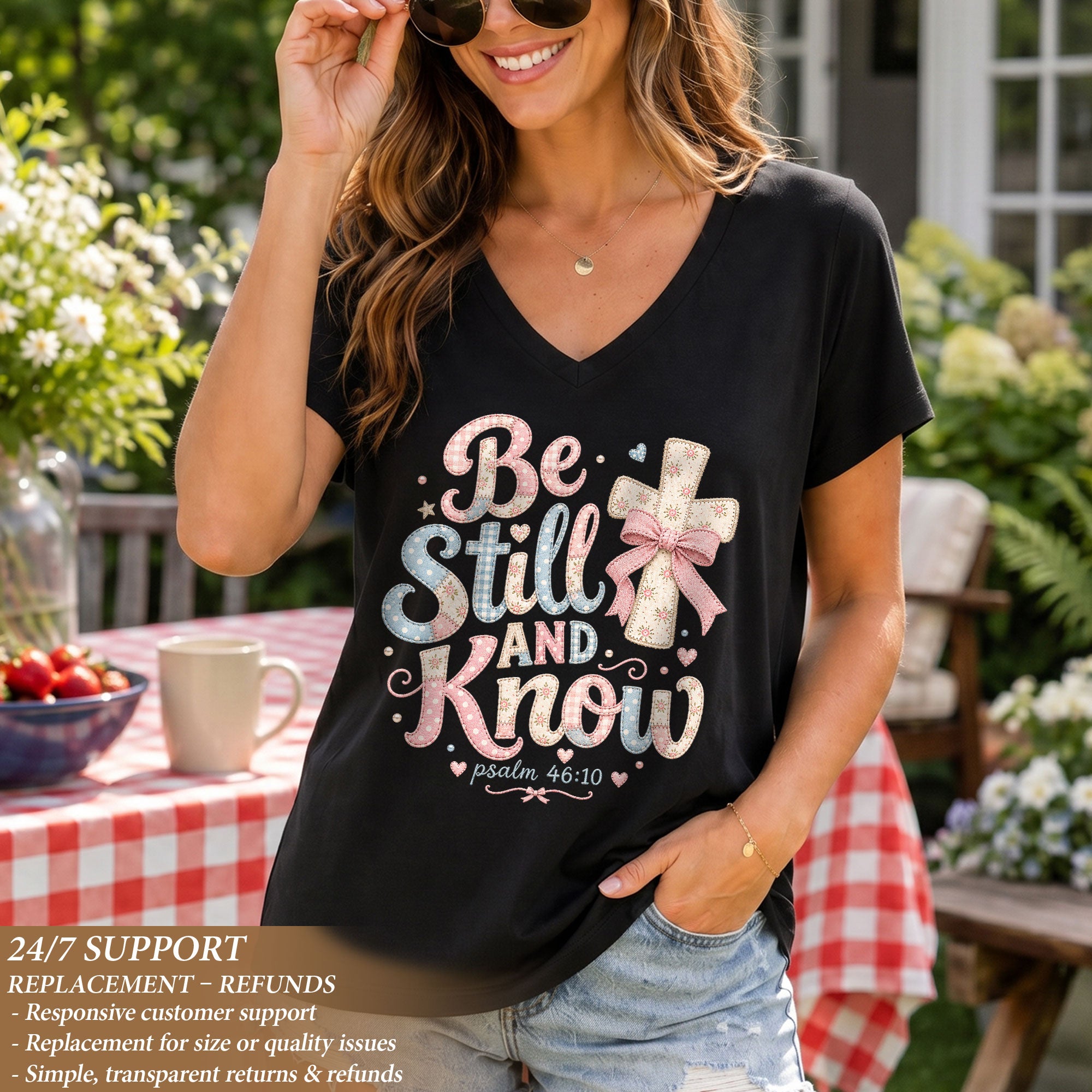 Be Still And Know Pastel Patchwork Cross Psalm 46 10 Christian V Neck Shirt Women