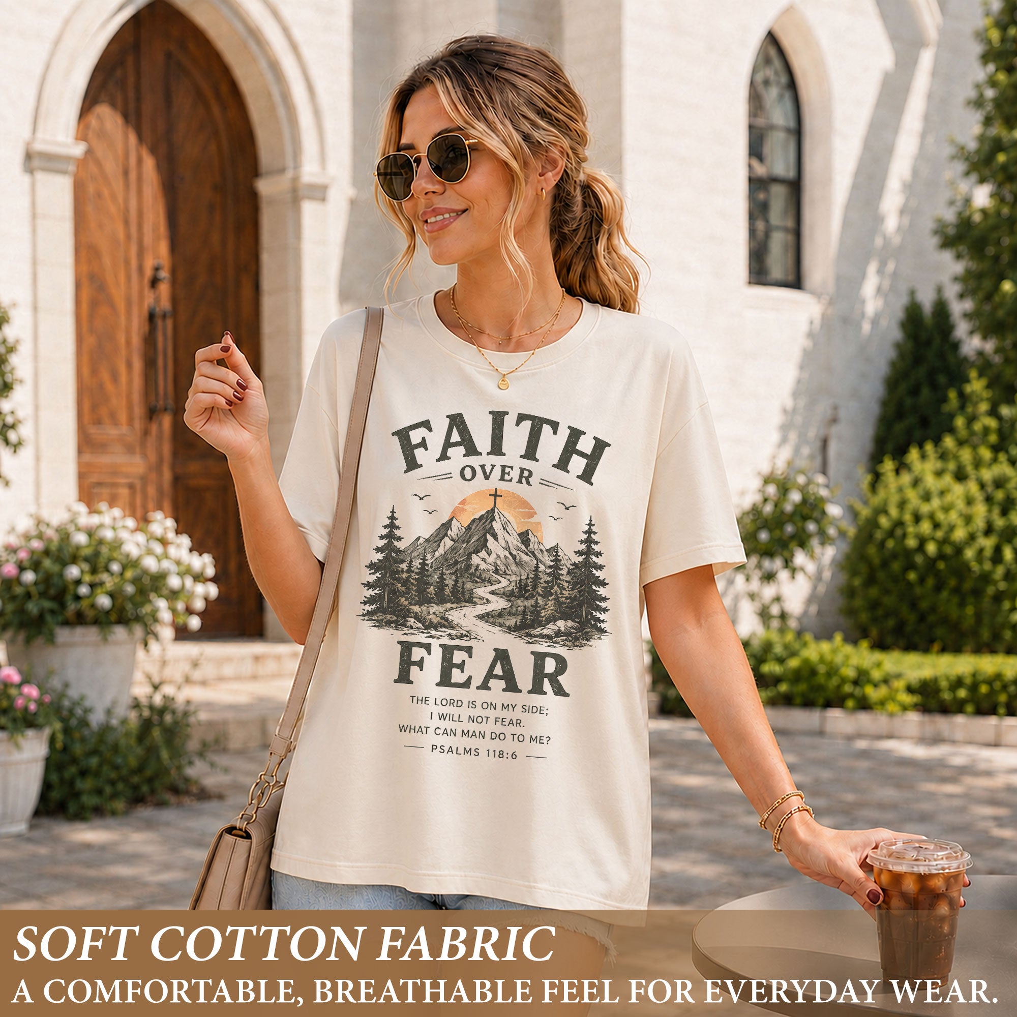 Faith Over Fear Christian Women Shirt Mountain Cross Graphic Inspirational Faith Tee